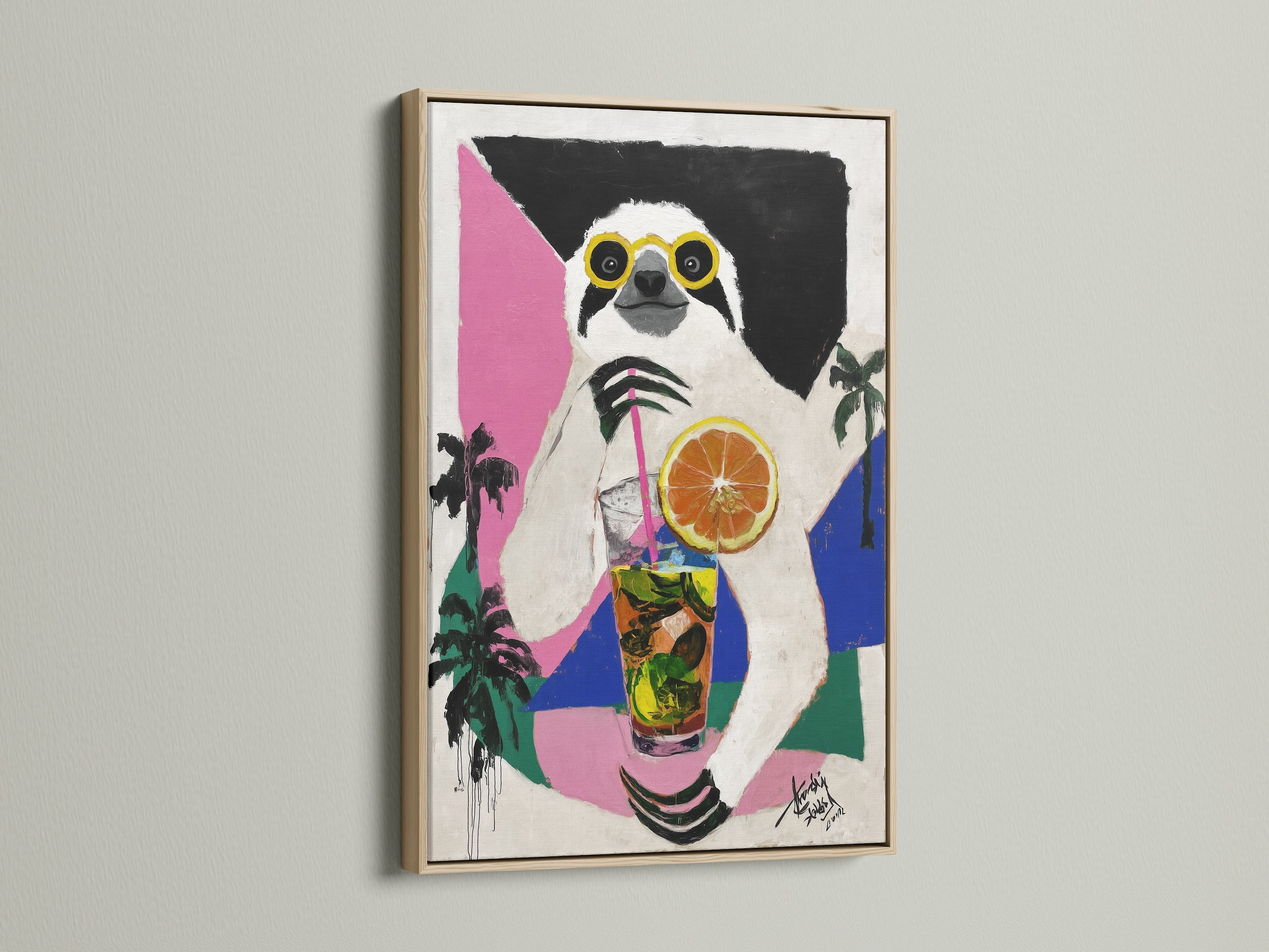 Sloth Cocktail artwork in an oak frame. This tropical animal art is a fun addition to your decor. The oak frame enhances the piece. It is ideal for a kitchen or bar seeking quirky summer decor.