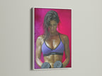 Fitness Woman artwork with a white frame. The artwork features a determined woman lifting weights. Enhance your workout space. This piece adds style to any home gym. Get motivated now with this art.