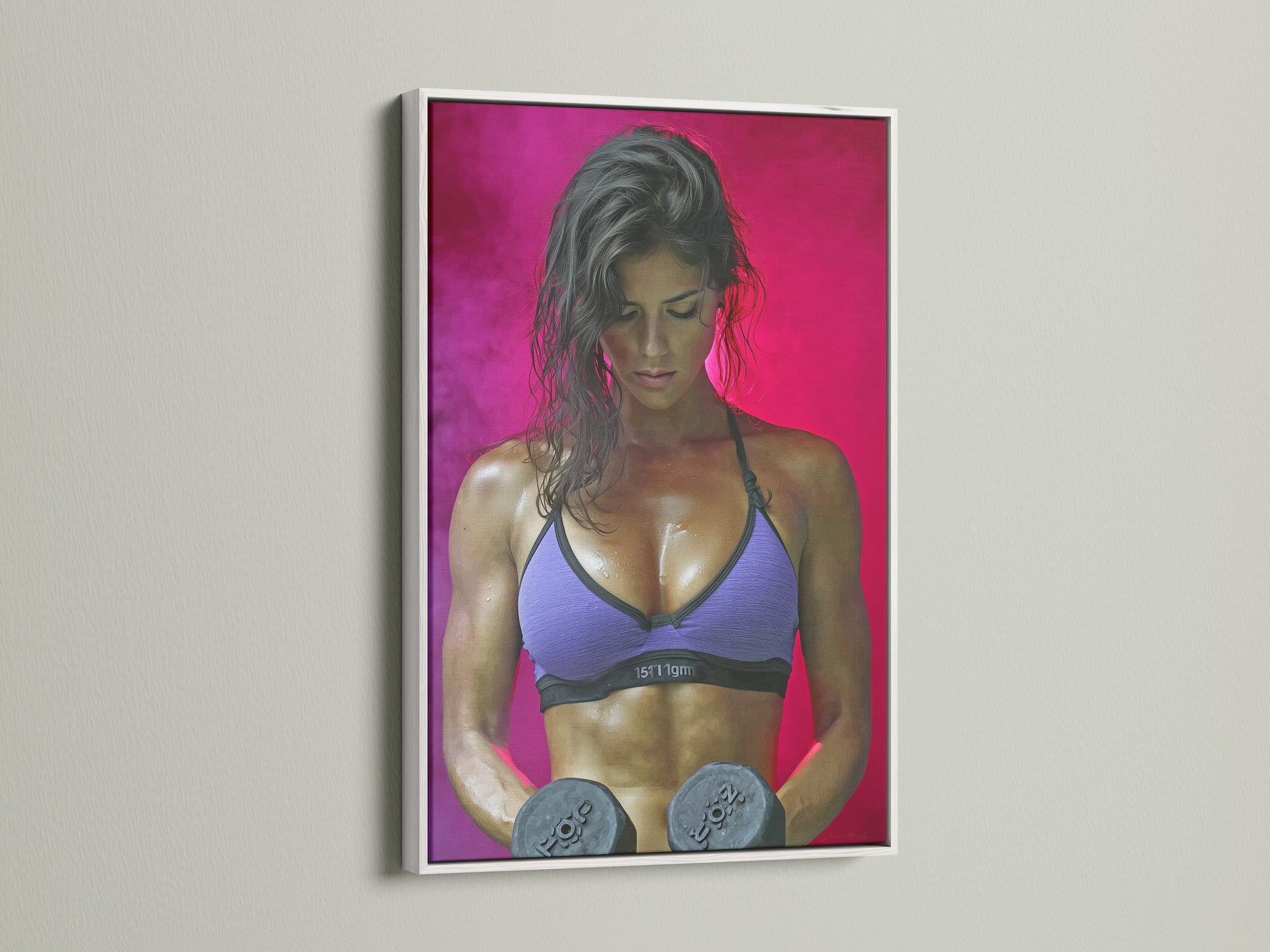 Fitness Woman artwork with a white frame. The artwork features a determined woman lifting weights. Enhance your workout space. This piece adds style to any home gym. Get motivated now with this art.