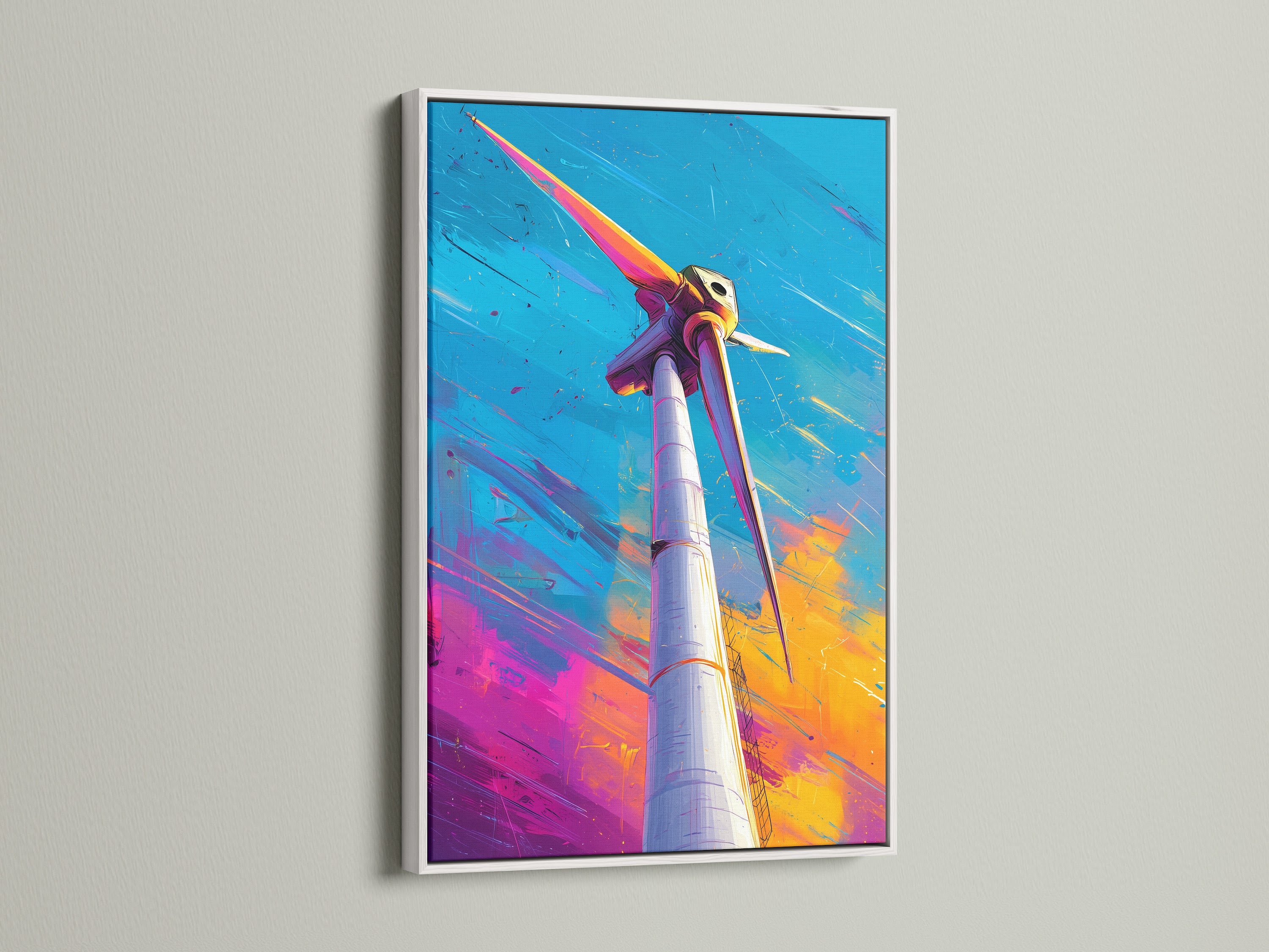 A modern wind turbine artwork is presented in a clean white frame. The white frame creates a striking contrast against the colorful art. It's mounted on a white wall. Discover the perfect frame for your art.