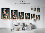 Reference a size comparison chart in an interior setting. This chart helps visualize artwork dimensions. It shows how different sizes fit in a room. Make informed choices for your art display. Find the perfect size for your space.