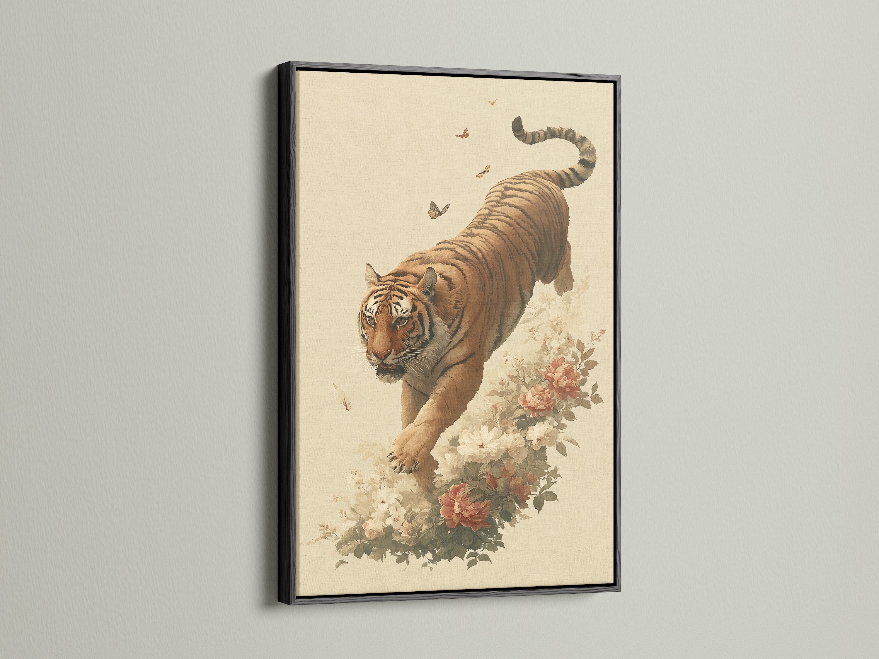 Vintage tiger artwork is set in a sophisticated black frame. This traditional wildlife canvas is perfect for creating a focal point. The black frame adds a modern touch to the oriental prints. This piece would work well in offices or libraries. The botanical tiger is a beautiful addition to any space.
