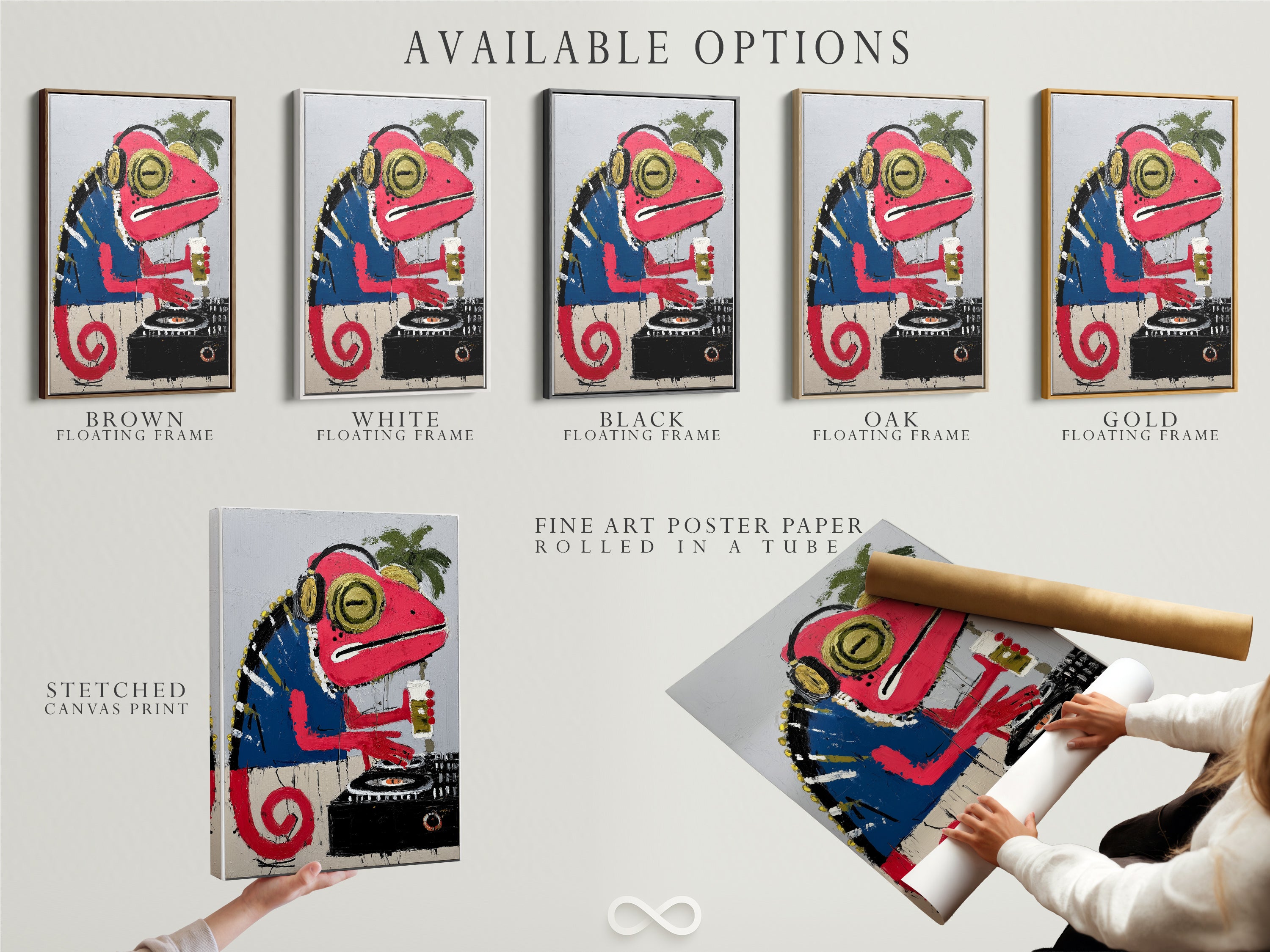 Available options for the Iguana DJ artwork: stretched canvas print fine art poster paper and floating frame. Choose the perfect option to match your style. Personalize your artwork today.