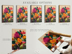 Available options are displayed. There is a stretched canvas print. There is a fine art poster paper. And there is a floating frame option. Customers can choose their preferred format. It allows for customization and personalization. Each option enhances the artwork.