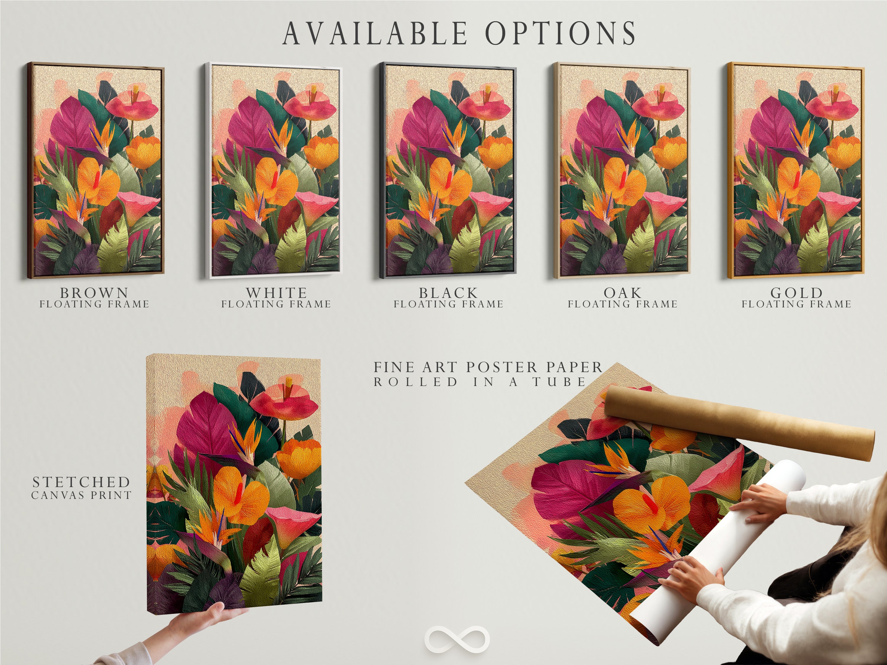 Available options are displayed. There is a stretched canvas print. There is a fine art poster paper. And there is a floating frame option. Customers can choose their preferred format. It allows for customization and personalization. Each option enhances the artwork.