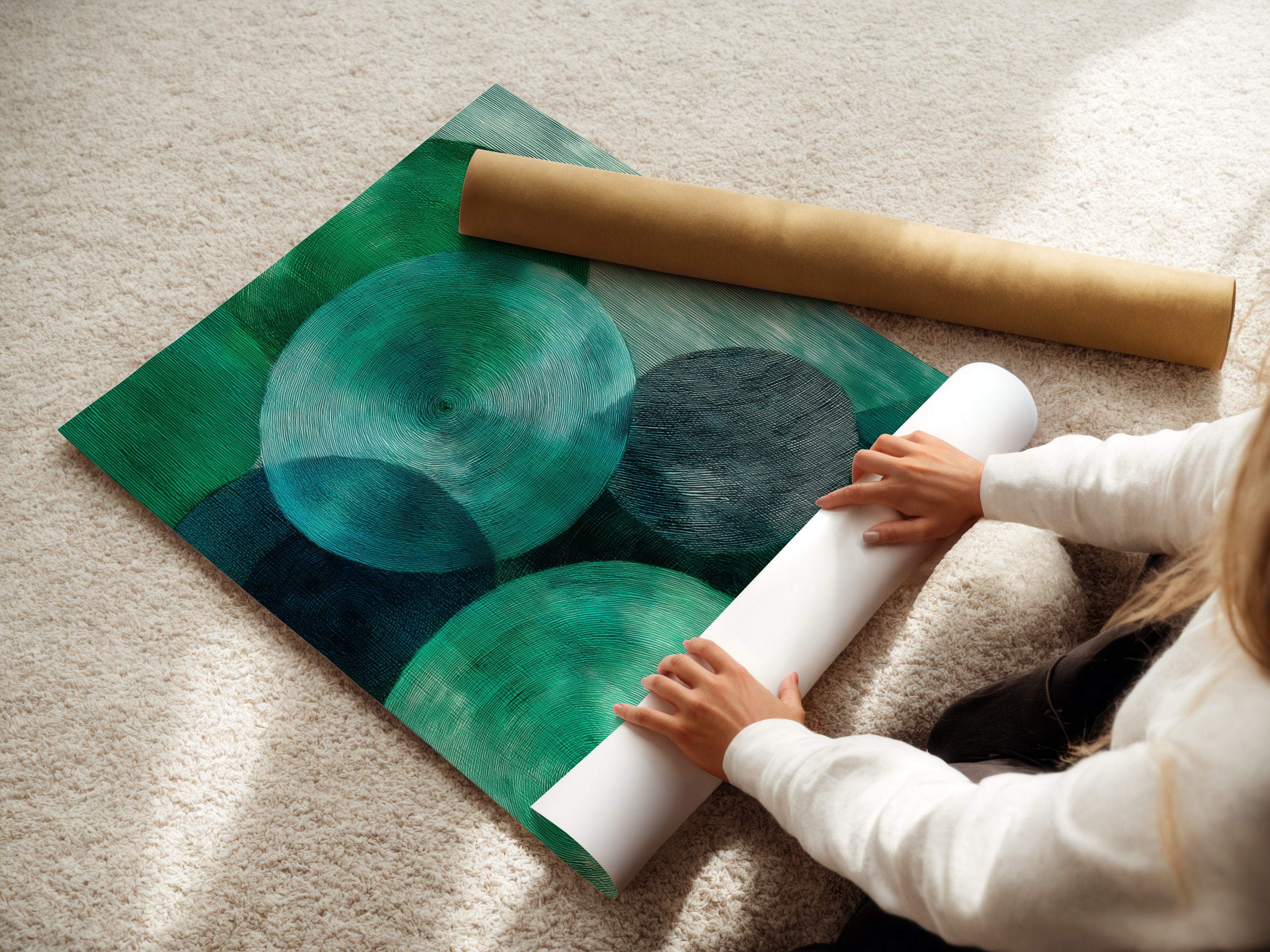 A woman is rolling a fine art poster paper. She is preparing it for framing or display. This modern textured print is great for office wall decor. Perfect for homeowners renters interior designers and business owners seeking elevated modern art.
