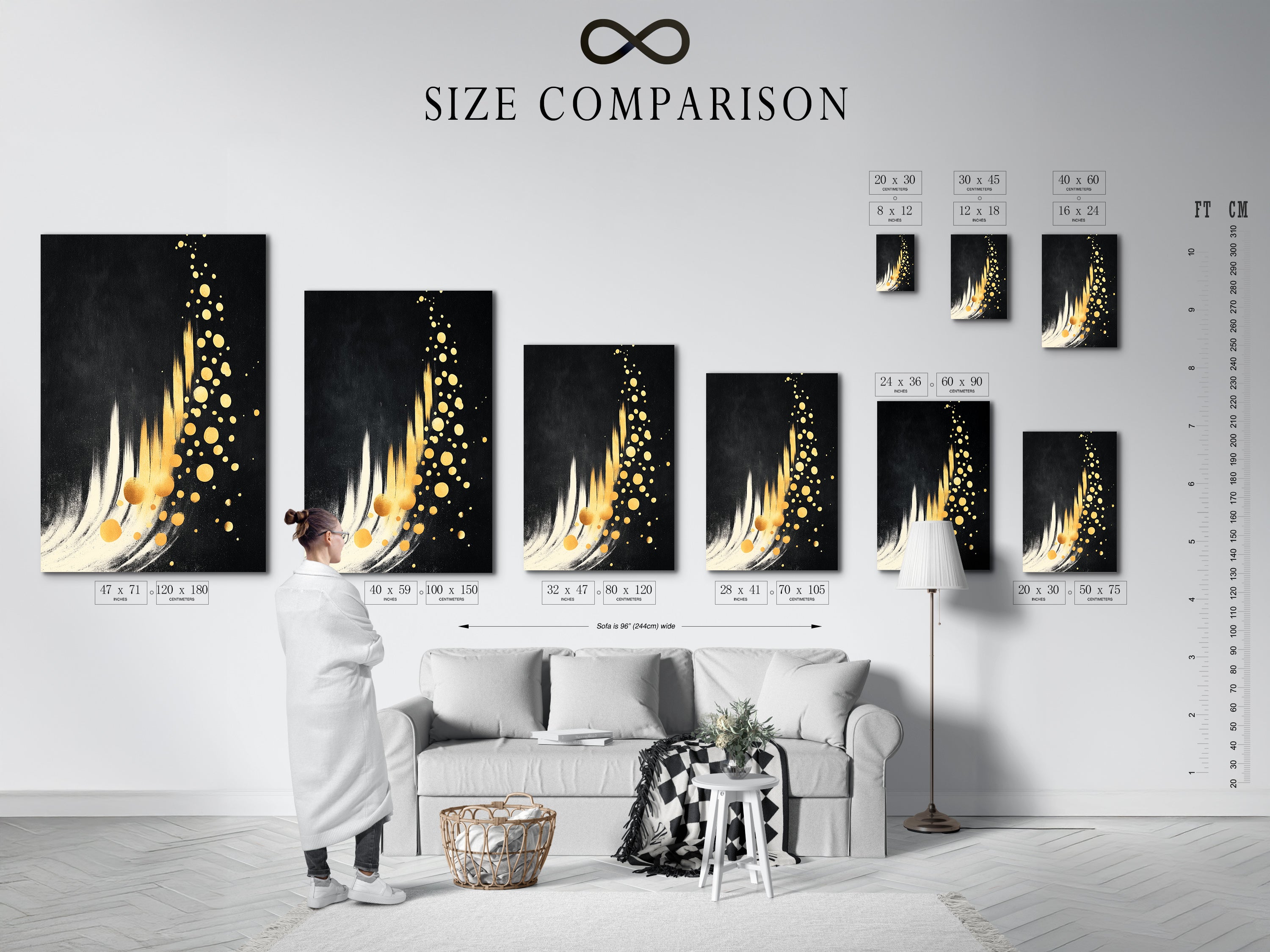 A size comparison chart in an interior shows various artwork dimensions. Visualize the perfect fit for your modern wall art. Choose the ideal size for your black and gold decor. This chart aids in selecting contemporary art for any space.