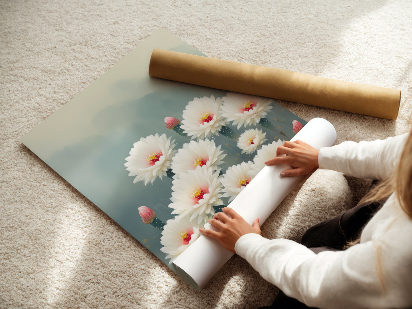 A woman is carefully rolling a fine art poster paper. This botanical print features the Cactus Flower artwork. Perfect for creating custom wall art. The desert bloom is ideal for minimalist decor. Get your floral canvas ready for display.