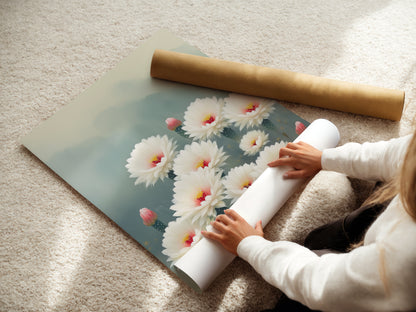 A woman is carefully rolling a fine art poster paper. This botanical print features the Cactus Flower artwork. Perfect for creating custom wall art. The desert bloom is ideal for minimalist decor. Get your floral canvas ready for display.