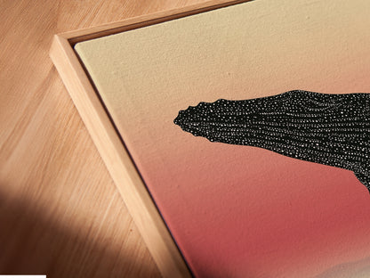 This is a close up of a canvas print in a floating frame. The whale artwork is a minimalist nature poster. It's perfect for bedroom decor or as ocean wall art. The mountain landscape art is great wall decoration.