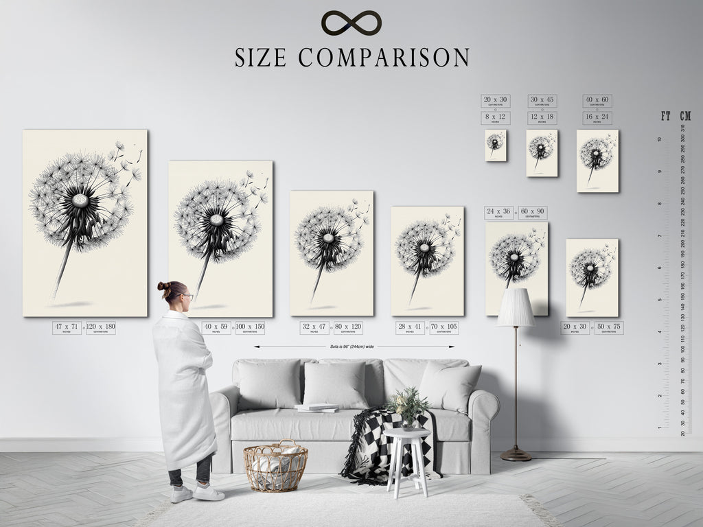 The image displays a size comparison chart in an interior setting. This chart helps you visualize the different artwork sizes. You can see how they would look in your home. The size comparison chart is useful. It helps you make the right choice for your space. It makes it easy to select the perfect size for your wall artworks.
