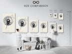 The image displays a size comparison chart in an interior setting. This chart helps you visualize the different artwork sizes. You can see how they would look in your home. The size comparison chart is useful. It helps you make the right choice for your space. It makes it easy to select the perfect size for your wall artworks.
