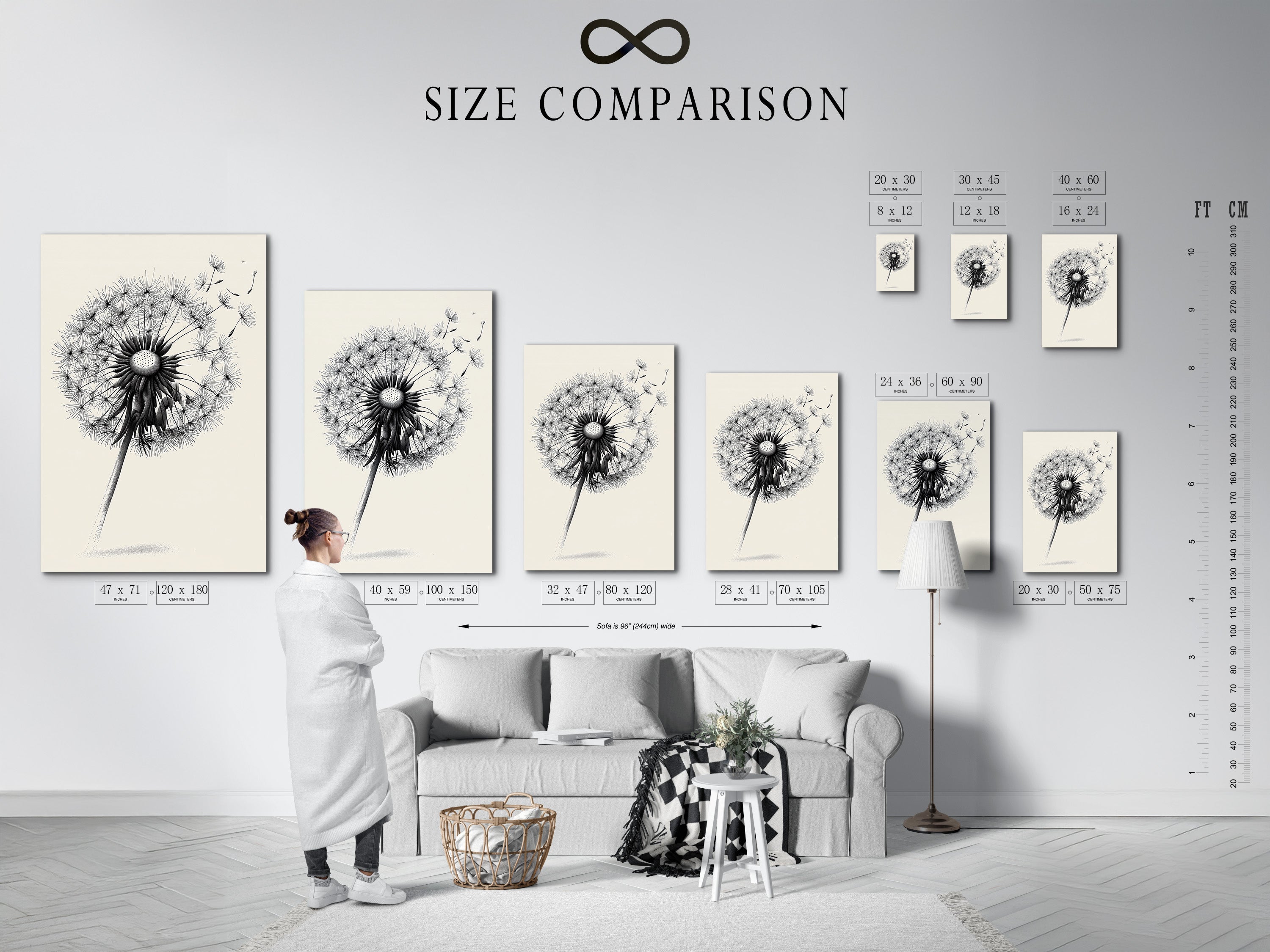The image displays a size comparison chart in an interior setting. This chart helps you visualize the different artwork sizes. You can see how they would look in your home. The size comparison chart is useful. It helps you make the right choice for your space. It makes it easy to select the perfect size for your wall artworks.