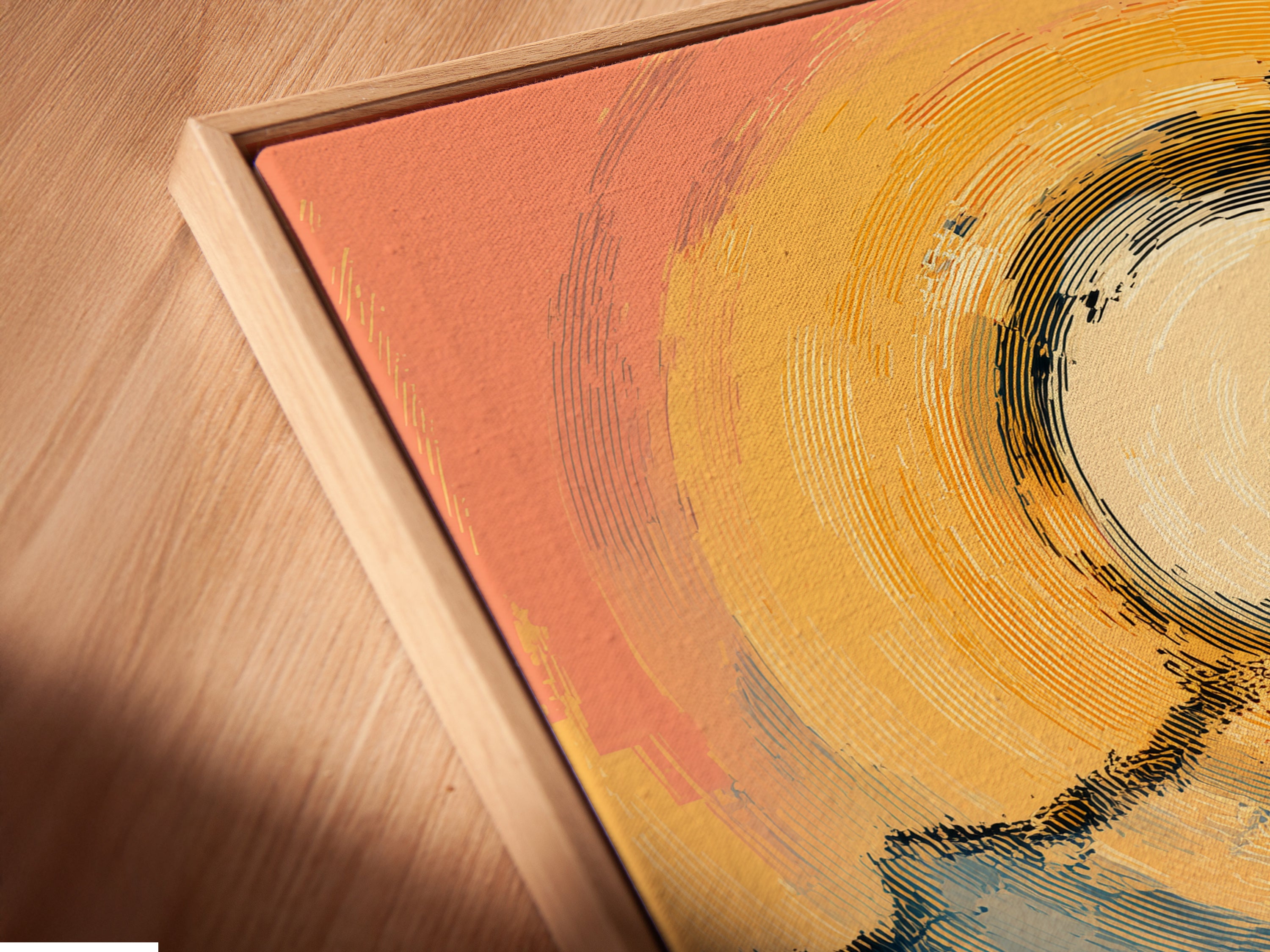 An angled close-up shows a canvas print in a floating frame. The floating frame gives a modern gallery look. It highlights the zen stone stack artwork. This style is perfect for abstract canvas or wellness decor.