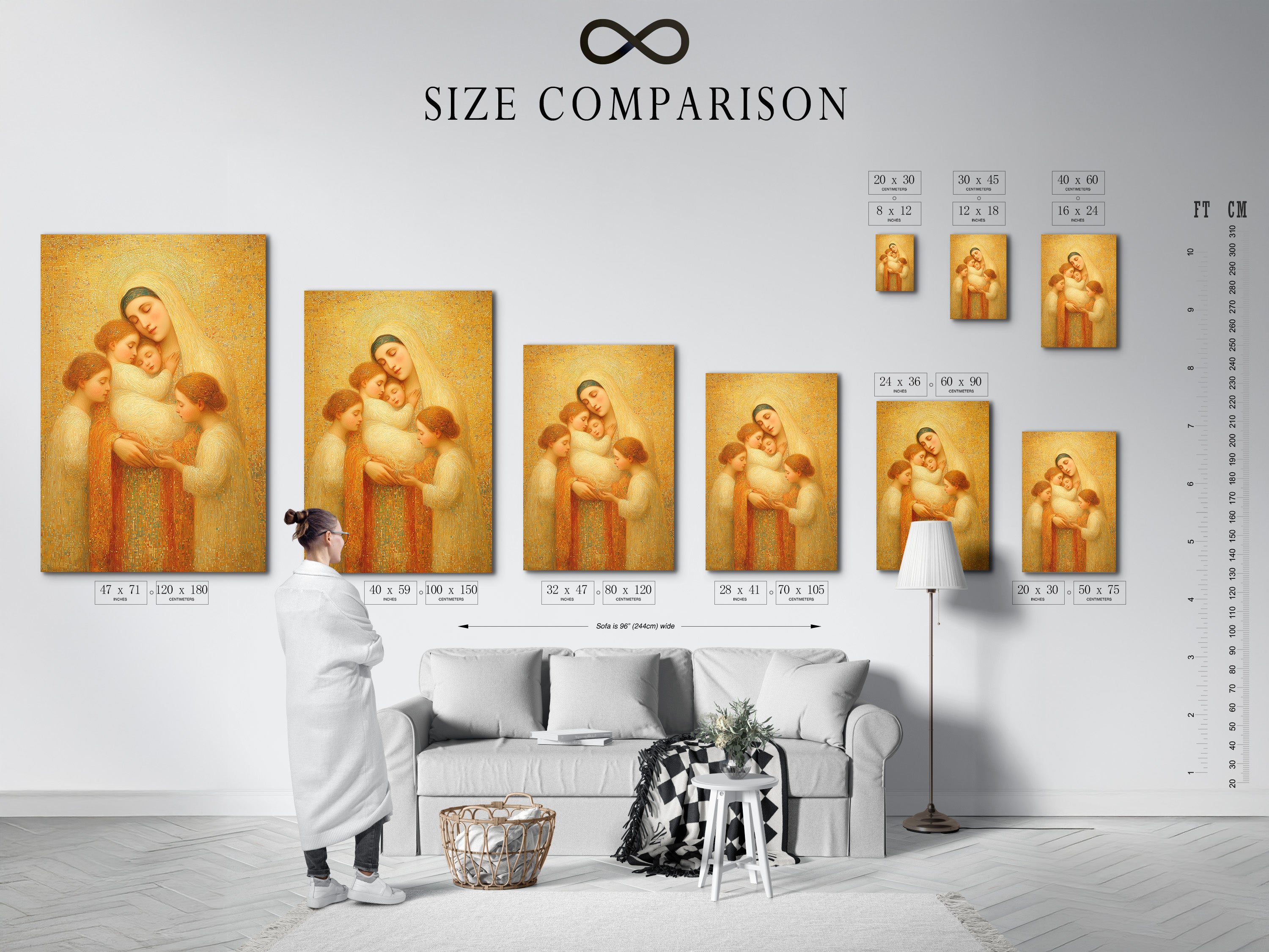This is a size comparison chart in an interior. The chart shows available sizes for art prints. It helps you choose the perfect size for your space. Find the right size to complement your room.