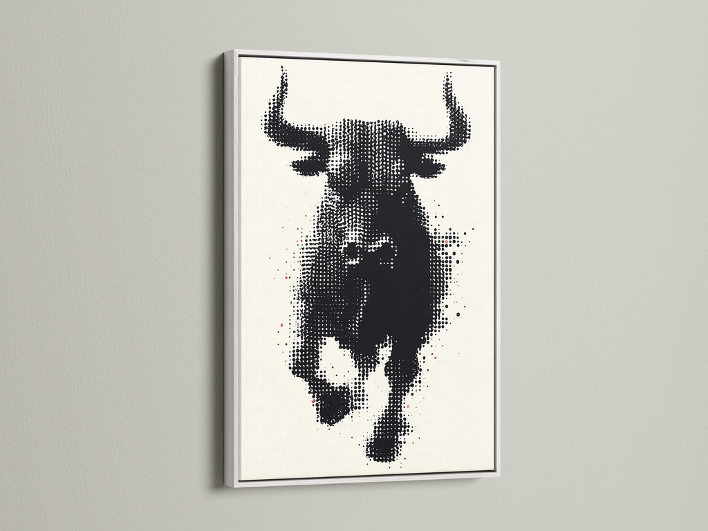 This bull art is displayed in a clean white frame. The black and white halftone print stands out. It is perfect for adding a minimalist touch to your decor. The white frame offers a versatile look that complements any room. This animal canvas print is ideal for modern homes and office spaces. Enhance your wall decor today.