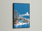 Surreal Frozen City fantasy art print in a sleek black frame. This modern piece enhances any wall. Perfect for contemporary minimalist and urban decor styles. Discover the beauty of ice age art.