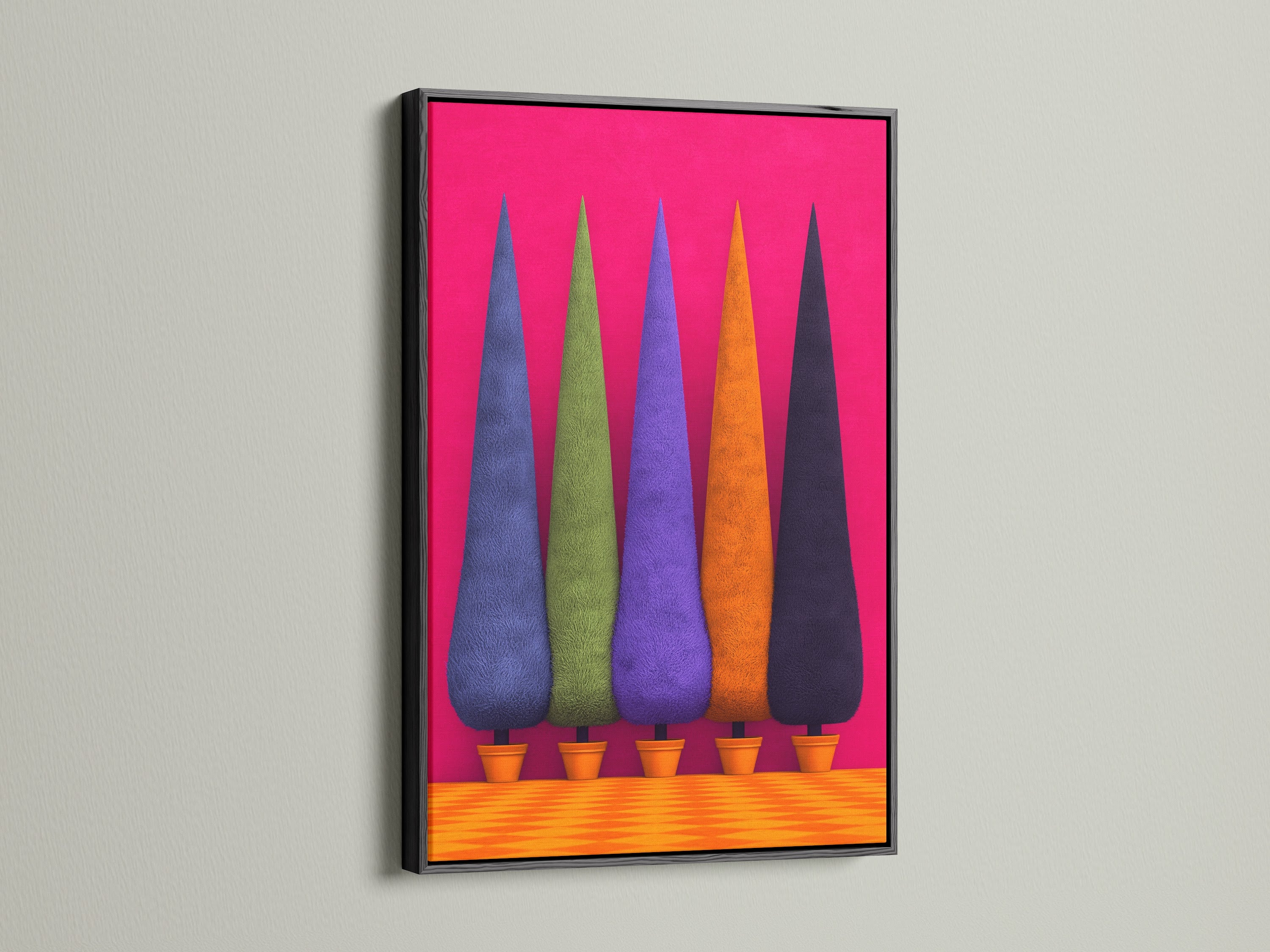 Cypress Tree artwork in a black frame. This piece showcases modern wall art with a colorful plant poster. Elevate your home office decor with vibrant garden art. A minimalist print for contemporary spaces.