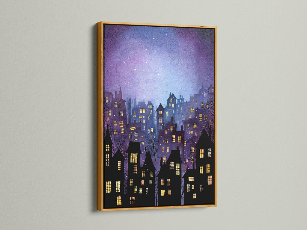 This is a gold frame. The artwork inside depicts a unique cityscape. The buildings have illuminated windows. The sky is a mesmerizing swirl of colors. This framed art adds a touch of luxury to your walls. The gold frame elevates the artwork. It is perfect for any room.