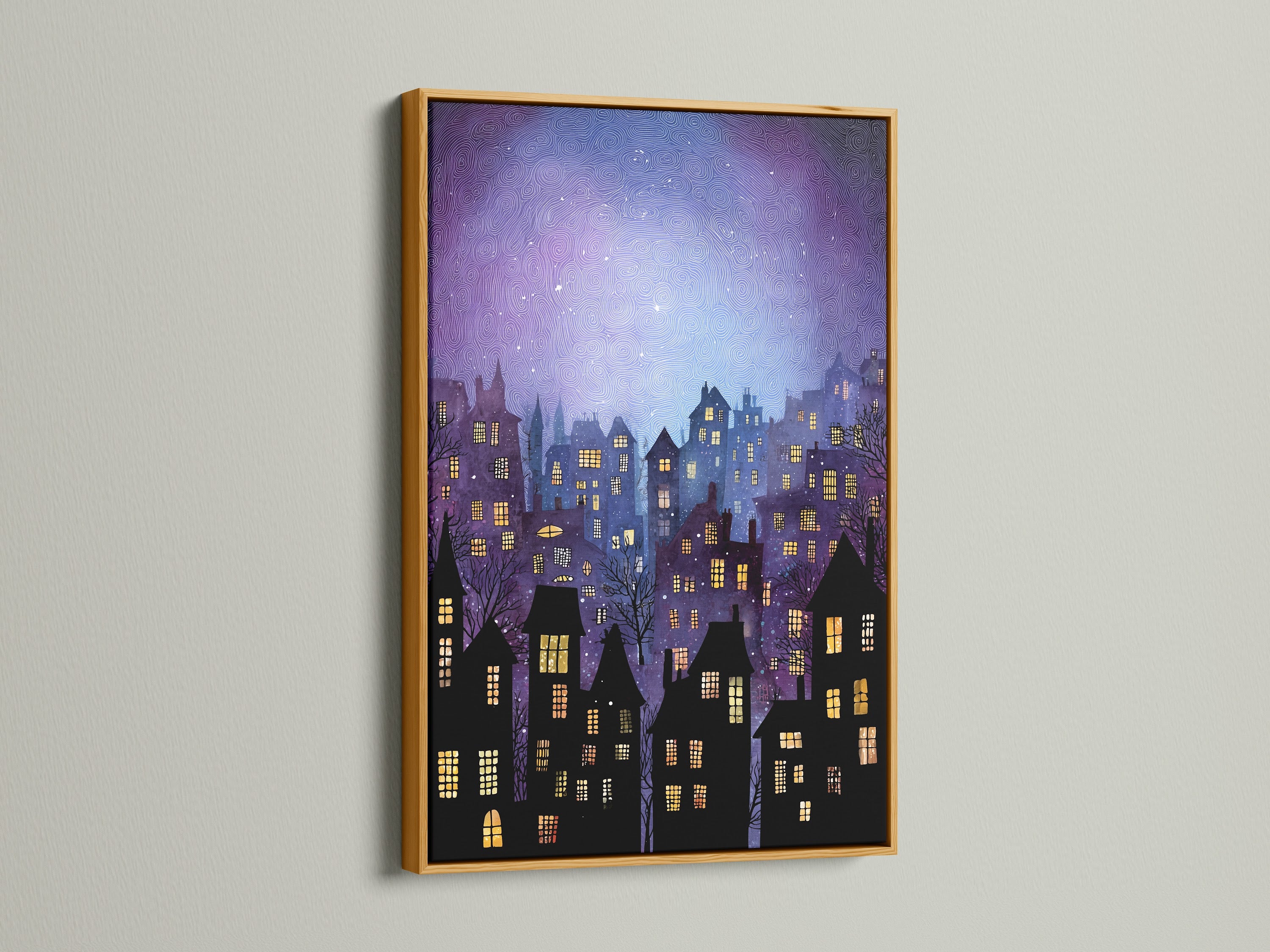 This is a gold frame. The artwork inside depicts a unique cityscape. The buildings have illuminated windows. The sky is a mesmerizing swirl of colors. This framed art adds a touch of luxury to your walls. The gold frame elevates the artwork. It is perfect for any room.