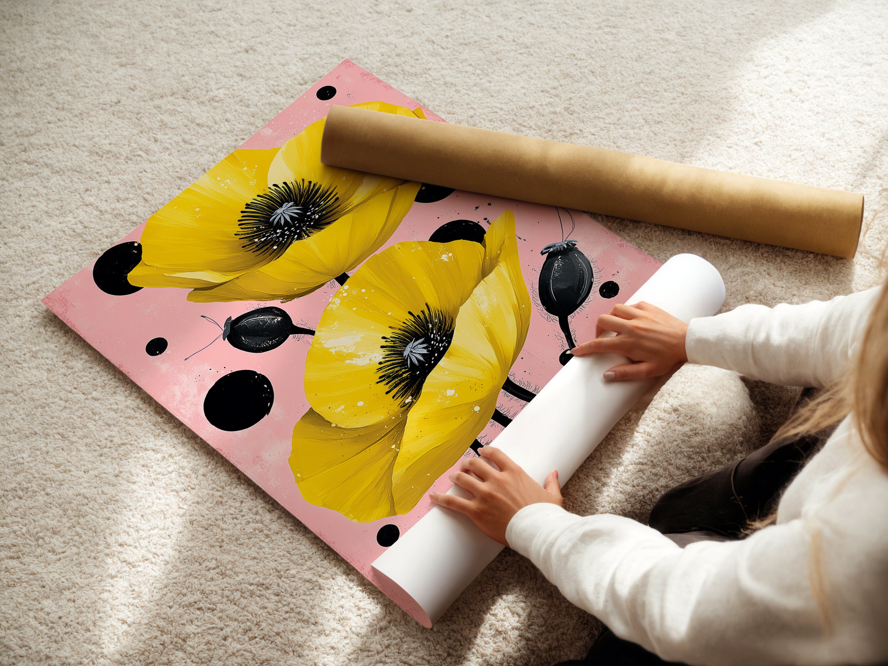 A woman is carefully rolling a fine art poster paper. This high-quality paper is perfect for botanical prints and floral artwork. The Yellow Poppy artwork will look stunning. Ideal for modern bedroom wall decor.
