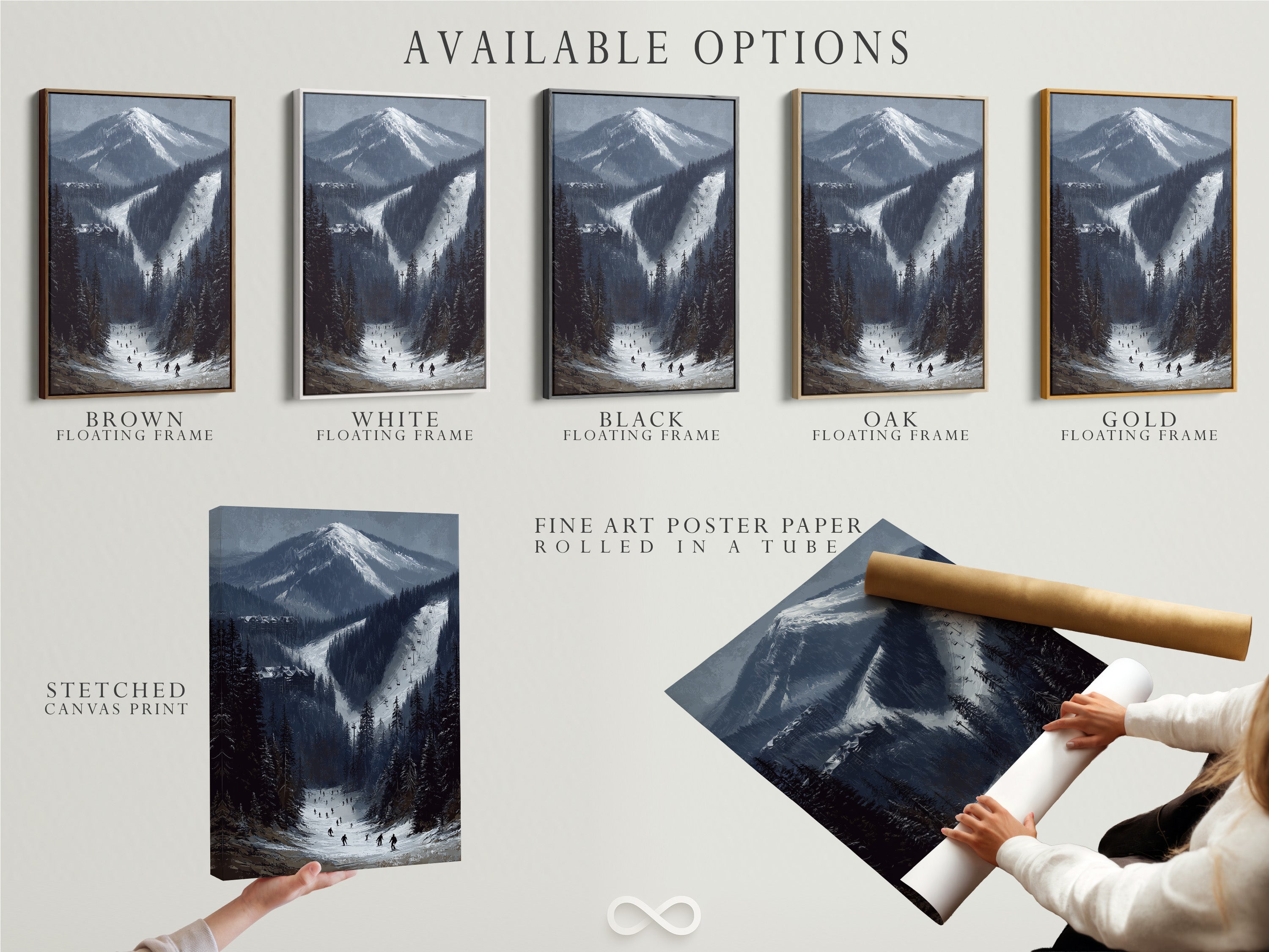 Available options for the ski resort mountain artwork. Options include a stretched canvas print fine art poster paper and a floating frame. Customize your alpine winter landscape to match your style. Enhance your cabin decor today.