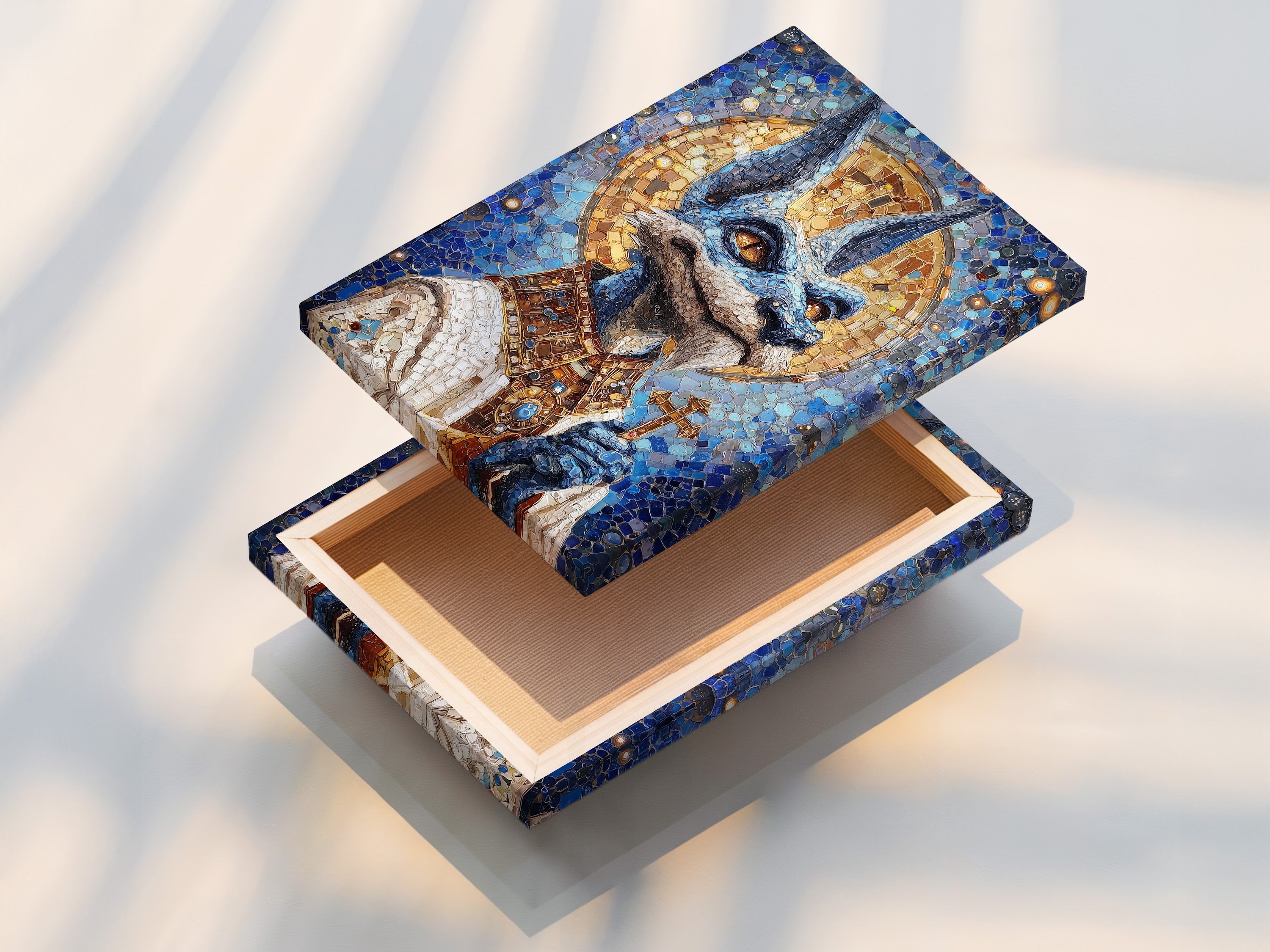 A stretched canvas print of the Anubis Mosaic Artwork. This is an Egyptian God Wall Art piece. It features blue and gold religious imagery. The stretched canvas provides a gallery-quality look. It's perfect for adding art to any room.