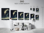 Here is a size comparison chart in an interior setting. This dragon artwork is a great addition to any space. See the different sizes available for your canvas print or poster. Get yours today.
