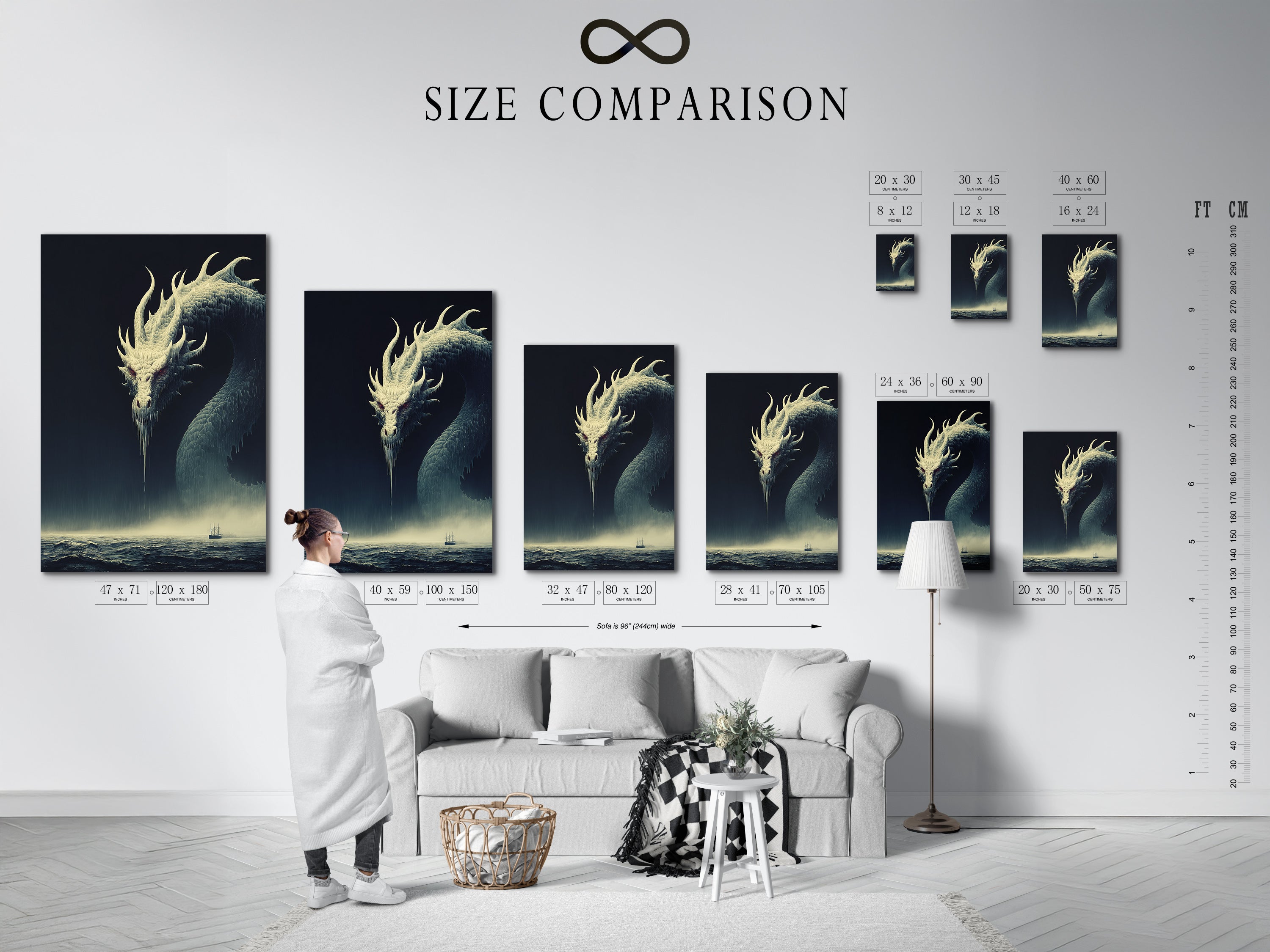 Here is a size comparison chart in an interior setting. This dragon artwork is a great addition to any space. See the different sizes available for your canvas print or poster. Get yours today.
