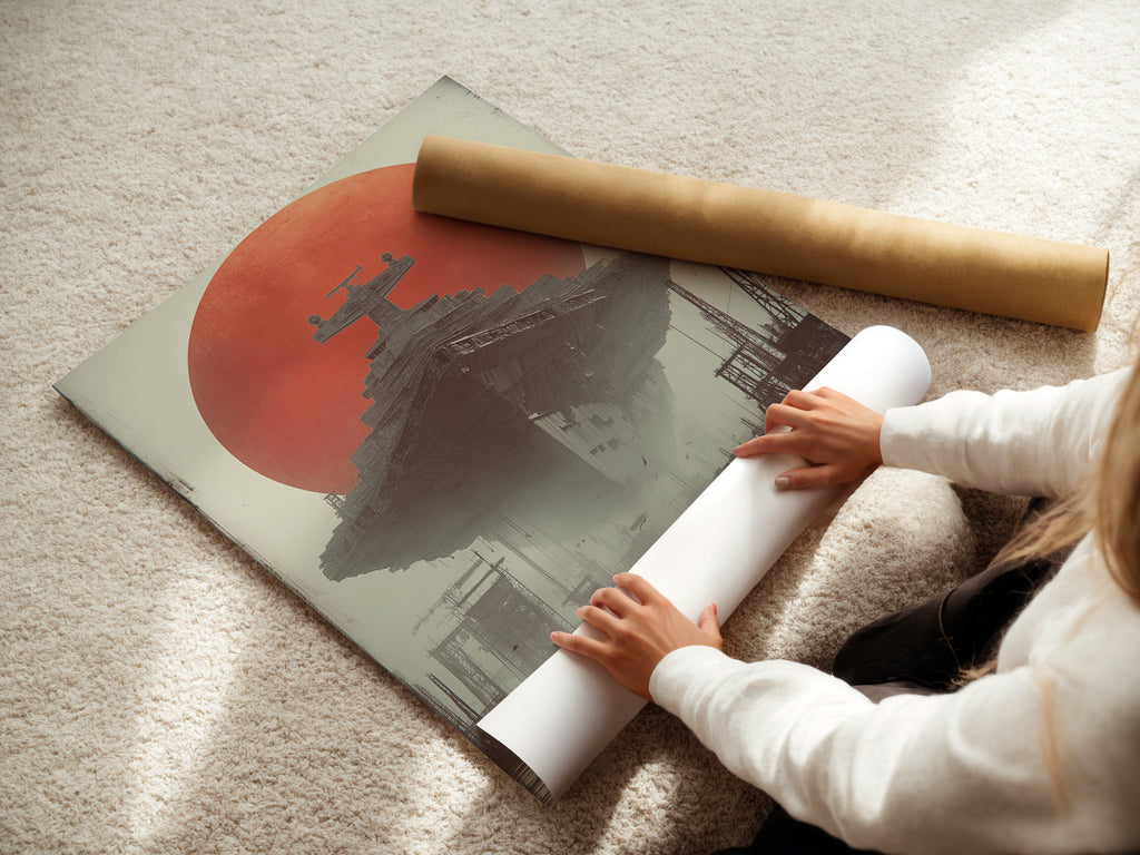 A woman is carefully preparing a fine art poster paper. The paper will be used for a high-quality art print. We ensure every print meets the highest standards. The fine art poster paper enhances color and detail. Experience the quality of our fine art prints.