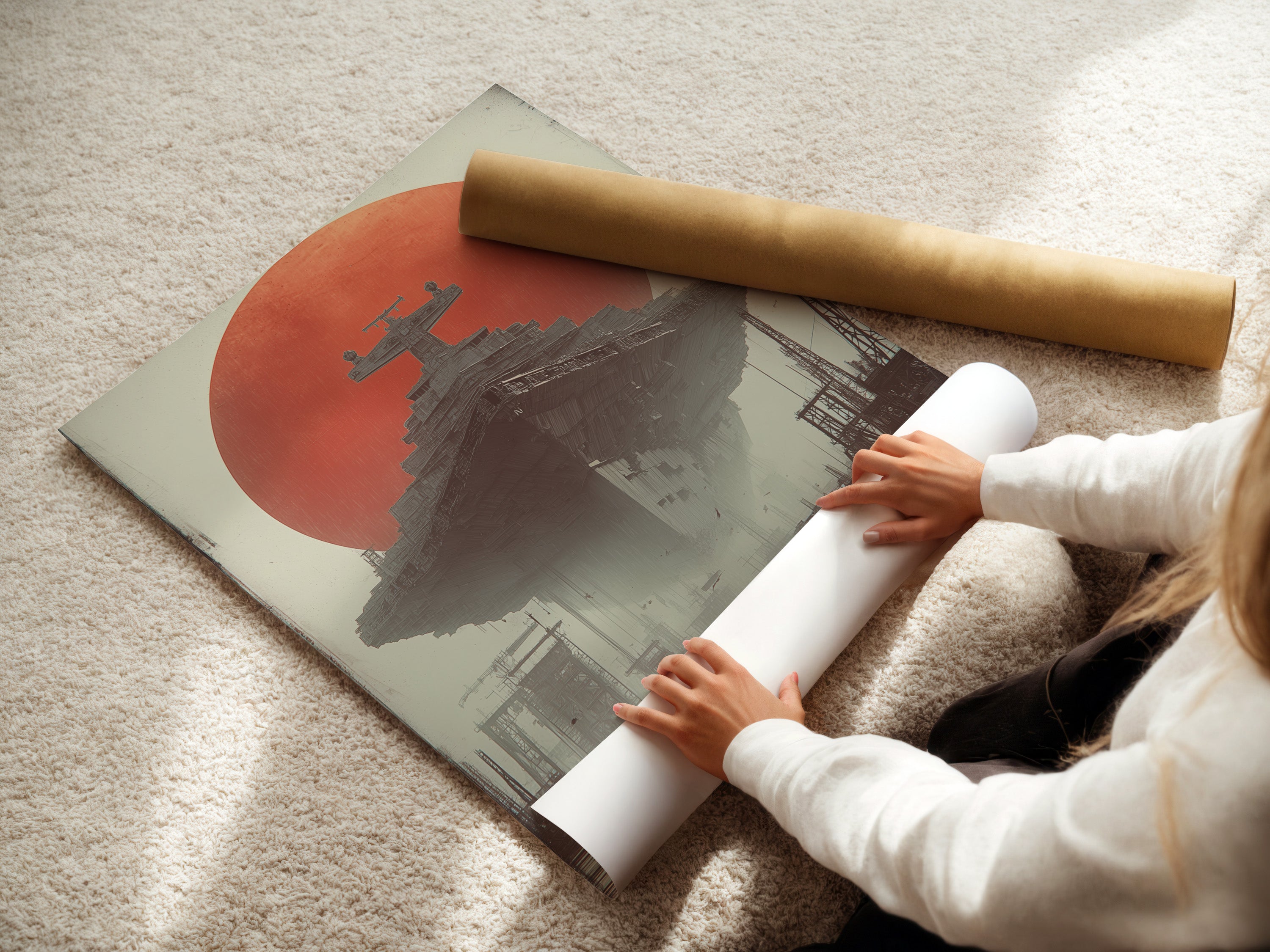 A woman is carefully preparing a fine art poster paper. The paper will be used for a high-quality art print. We ensure every print meets the highest standards. The fine art poster paper enhances color and detail. Experience the quality of our fine art prints.