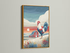 Rooster canvas print in a gold frame. Farmhouse wall art elevates country kitchen decor. A red barn landscape enriches dining room walls. A gold frame adds a touch of luxury to this country artwork. Enhance your home today.