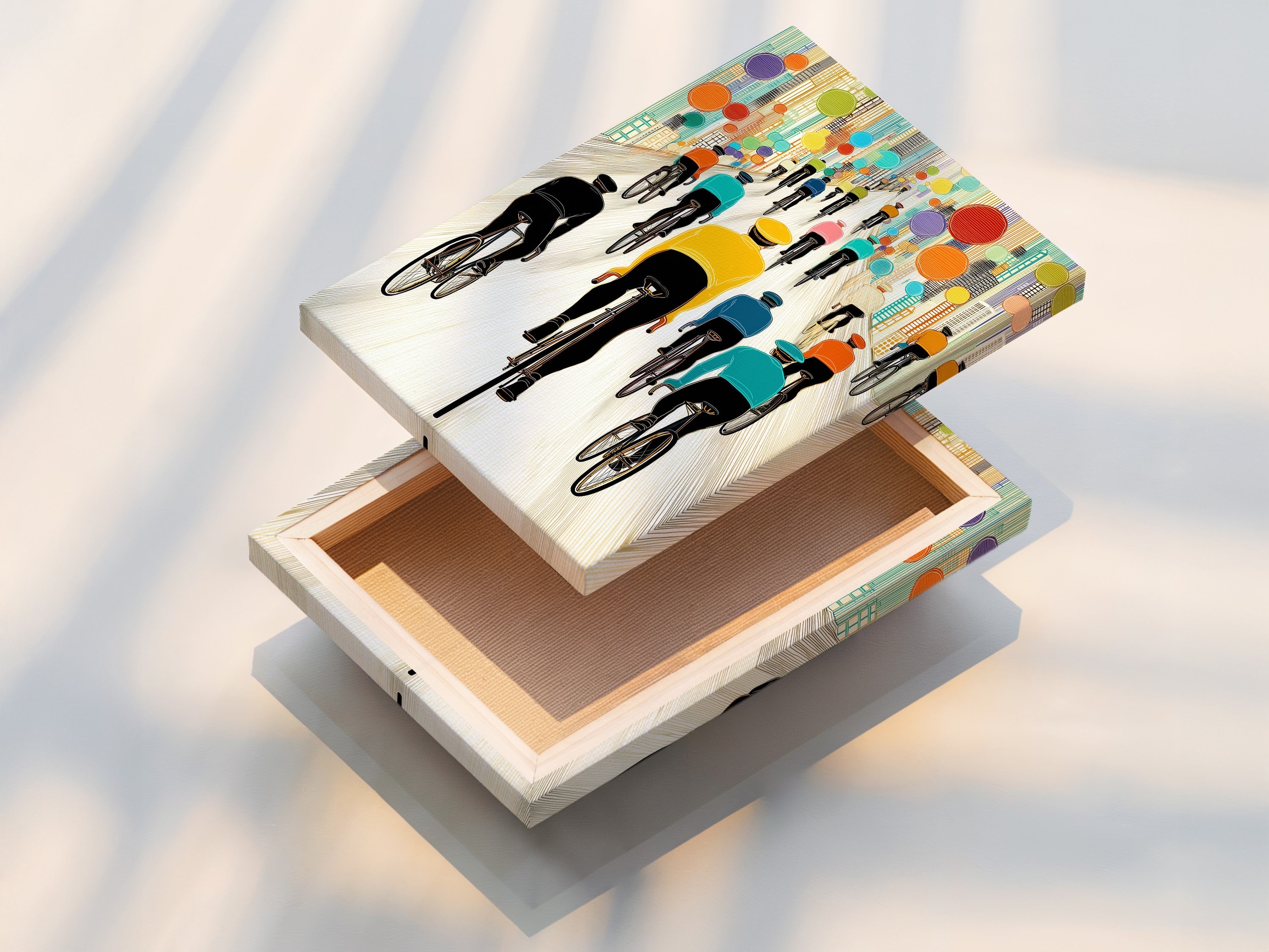 A stretched canvas print of the Bicycle Race artwork. The modern cyclist scene is vibrant. Ready to hang and transform your space. Enhance your home or office with this colorful artwork.