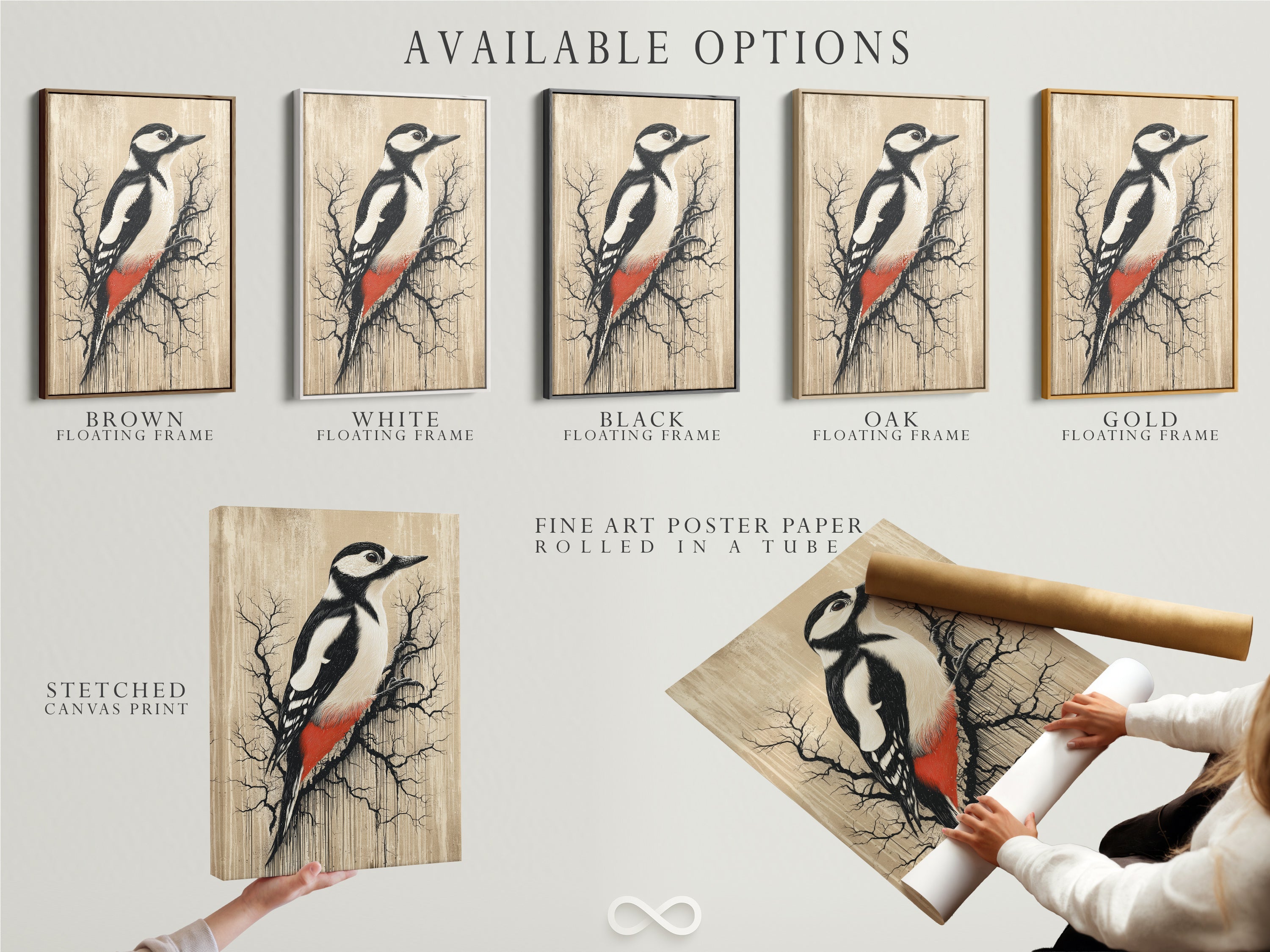 Available options for woodpecker art including stretched canvas print fine art poster paper and floating frame. Vintage bird wall art to suit your style. Neutral tone artwork for study room. Ornithology print for birdwatcher gift. Perfect for homeowners renters interior designers and business owners