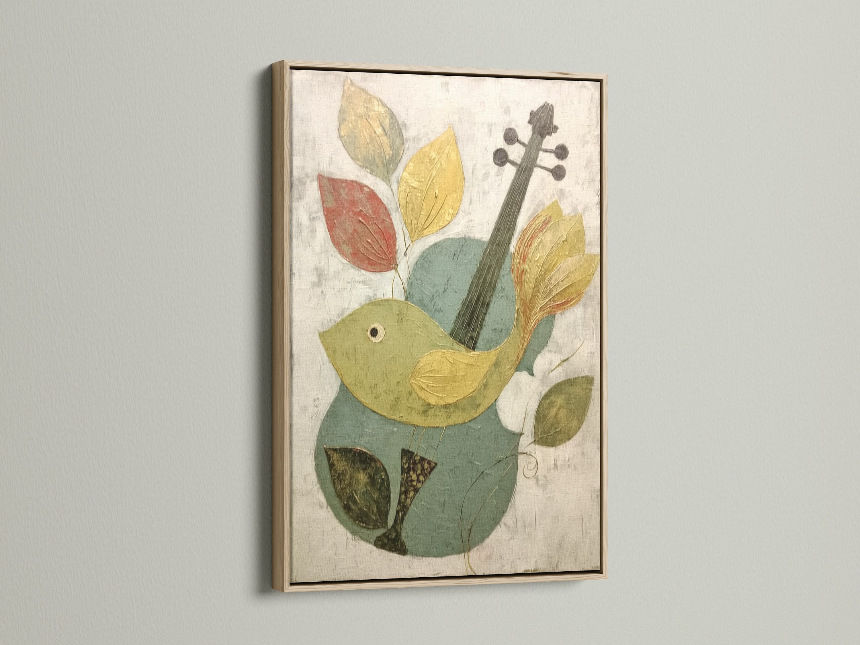 The Bird and Violin Canvas Print is showcased in an oak frame. The warm tones of the wood complement the artwork. The abstract musical theme adds charm. Ideal for homeowners and art collectors. Discover this beautiful piece.