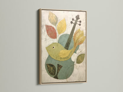 The Bird and Violin Canvas Print is showcased in an oak frame. The warm tones of the wood complement the artwork. The abstract musical theme adds charm. Ideal for homeowners and art collectors. Discover this beautiful piece.