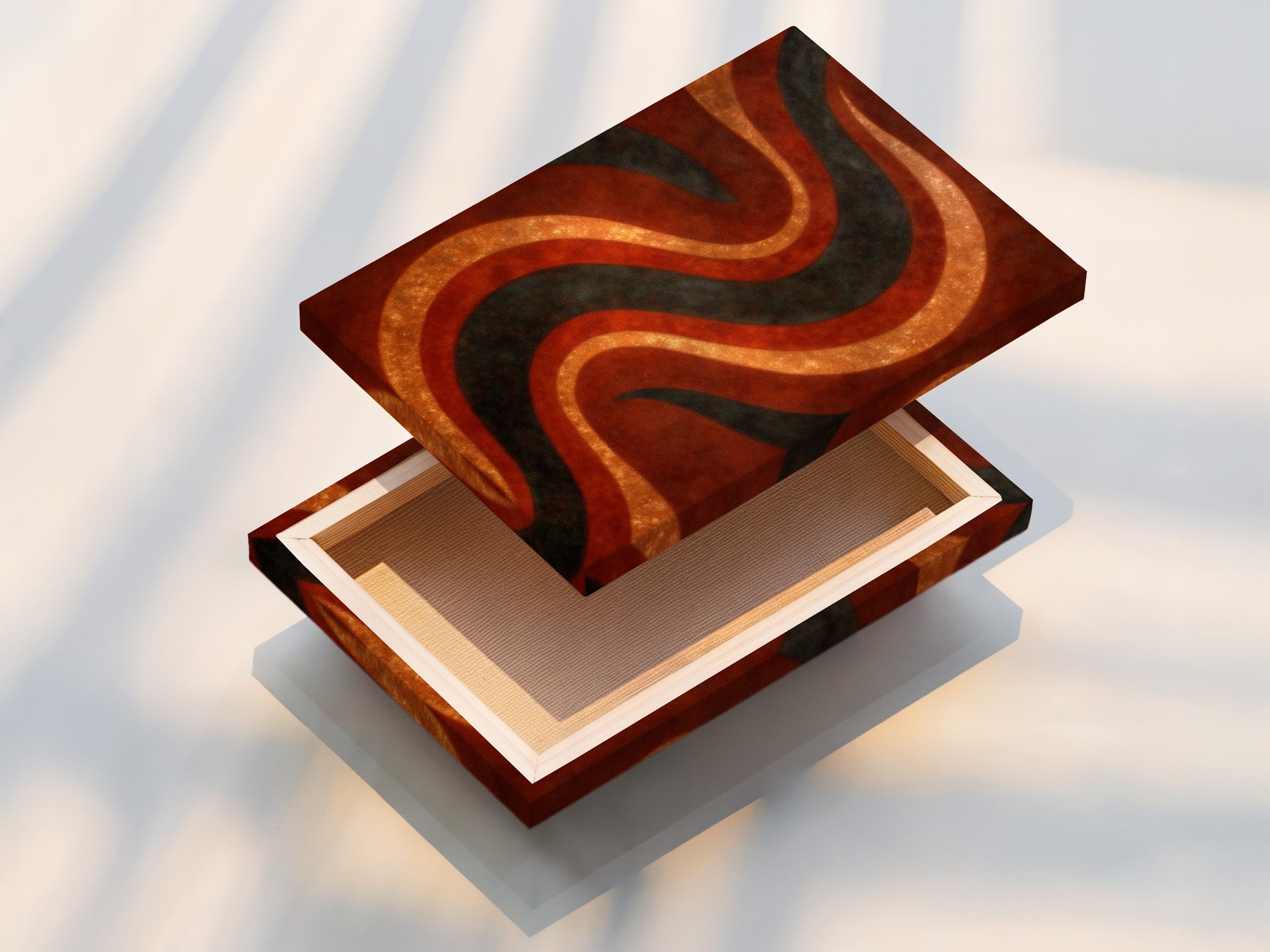 A stretched canvas print of abstract wave artwork. The earthy rust orange and sage green colors create a retro 70s aesthetic. This bohemian wall art is perfect for living rooms bedrooms and offices. Elevate your space today.