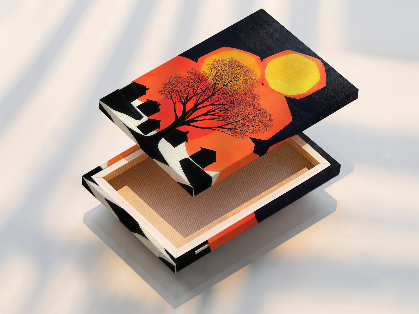 Stretched canvas print of abstract tree art. The mid-century modern wall art is ready to hang. Orange and black artwork will transform any room. Shop now for modern canvas art to elevate your decor.