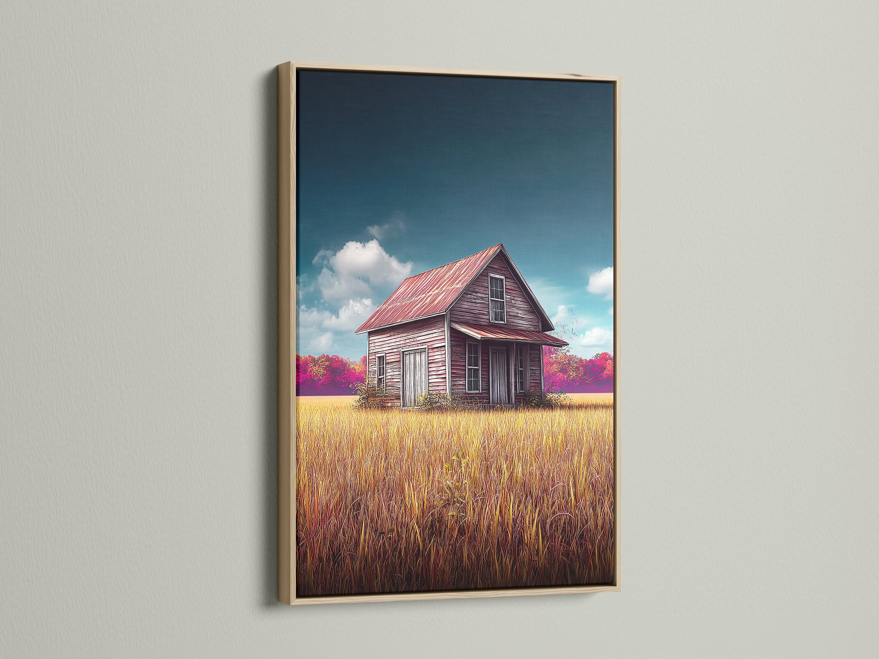 Bring rustic charm to your home with this farmhouse artwork. The barn canvas print showcases a vintage country landscape framed in oak. Its warm tones and classic design make it ideal for living rooms bedrooms and offices. Enjoy the beauty of rural decor.