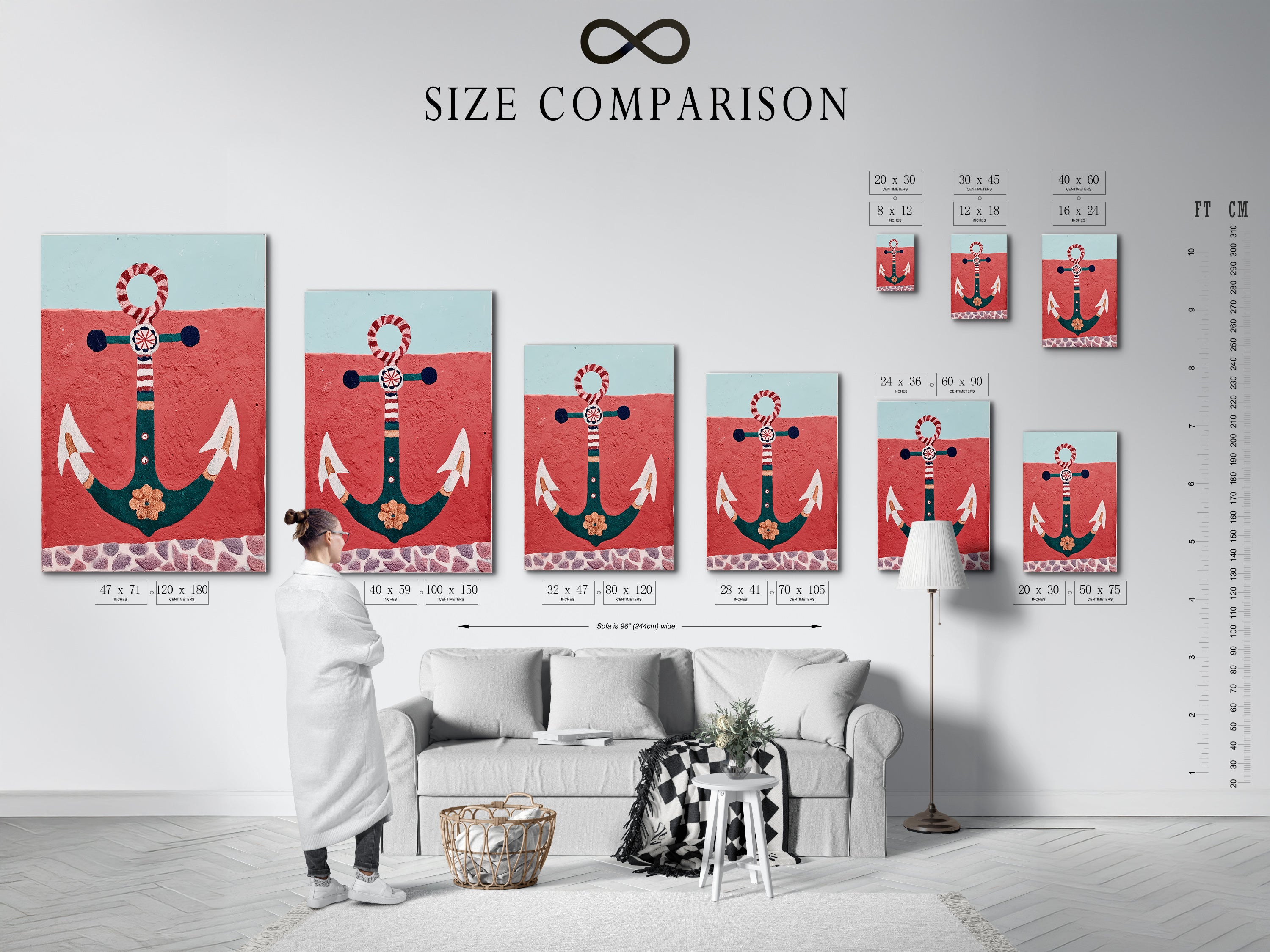 Size comparison chart in interior displays anchor artwork options. This nautical wall art is perfect for coastal decor. The red and teal art enhances any space. Find the perfect size for your vacation home or seaside decor. Choose the ideal ocean canvas for your space. Enjoy nautical prints.