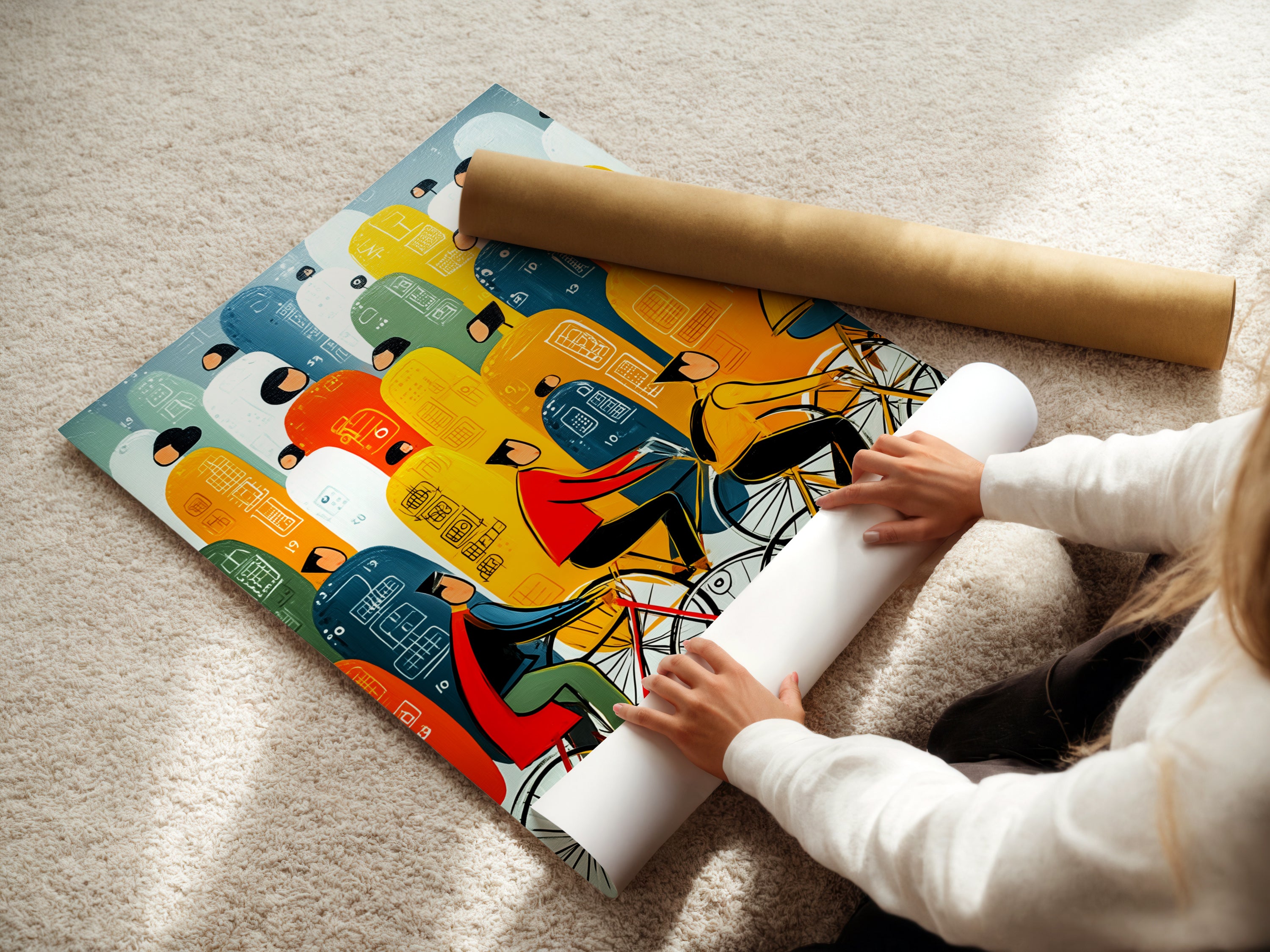A woman is carefully rolling a Bicycle Riders fine art poster paper. Abstract city wall art is visible. She is preparing it for shipping or framing. Colorful commute artwork for office decor. High-quality paper ensures lasting beauty. Perfect for art collectors.