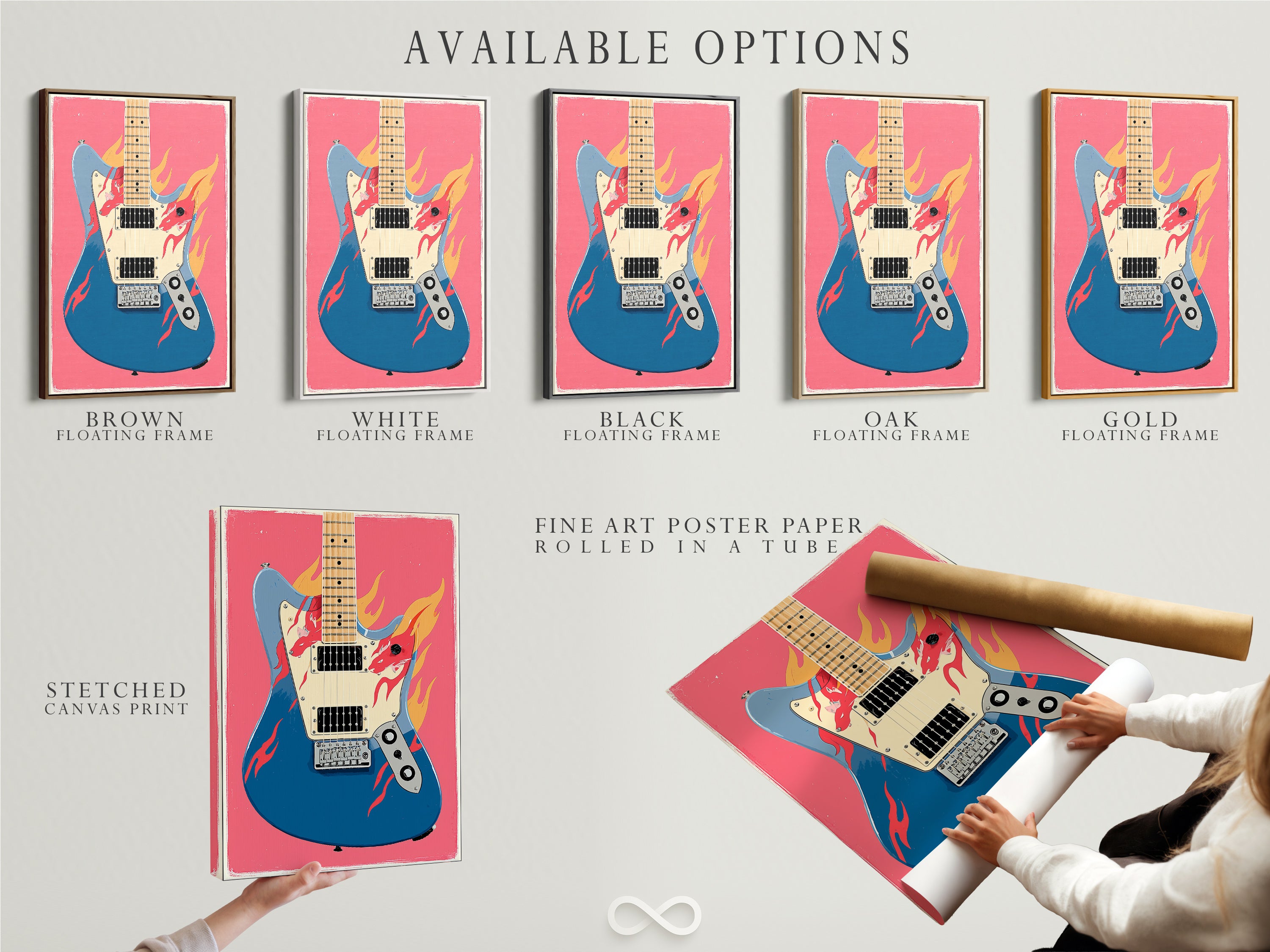 Explore available options for the electric guitar artwork. Choose from a stretched canvas print fine art poster paper or floating frame. Each option offers a unique way to showcase this vibrant music themed art. Customize your perfect piece today.