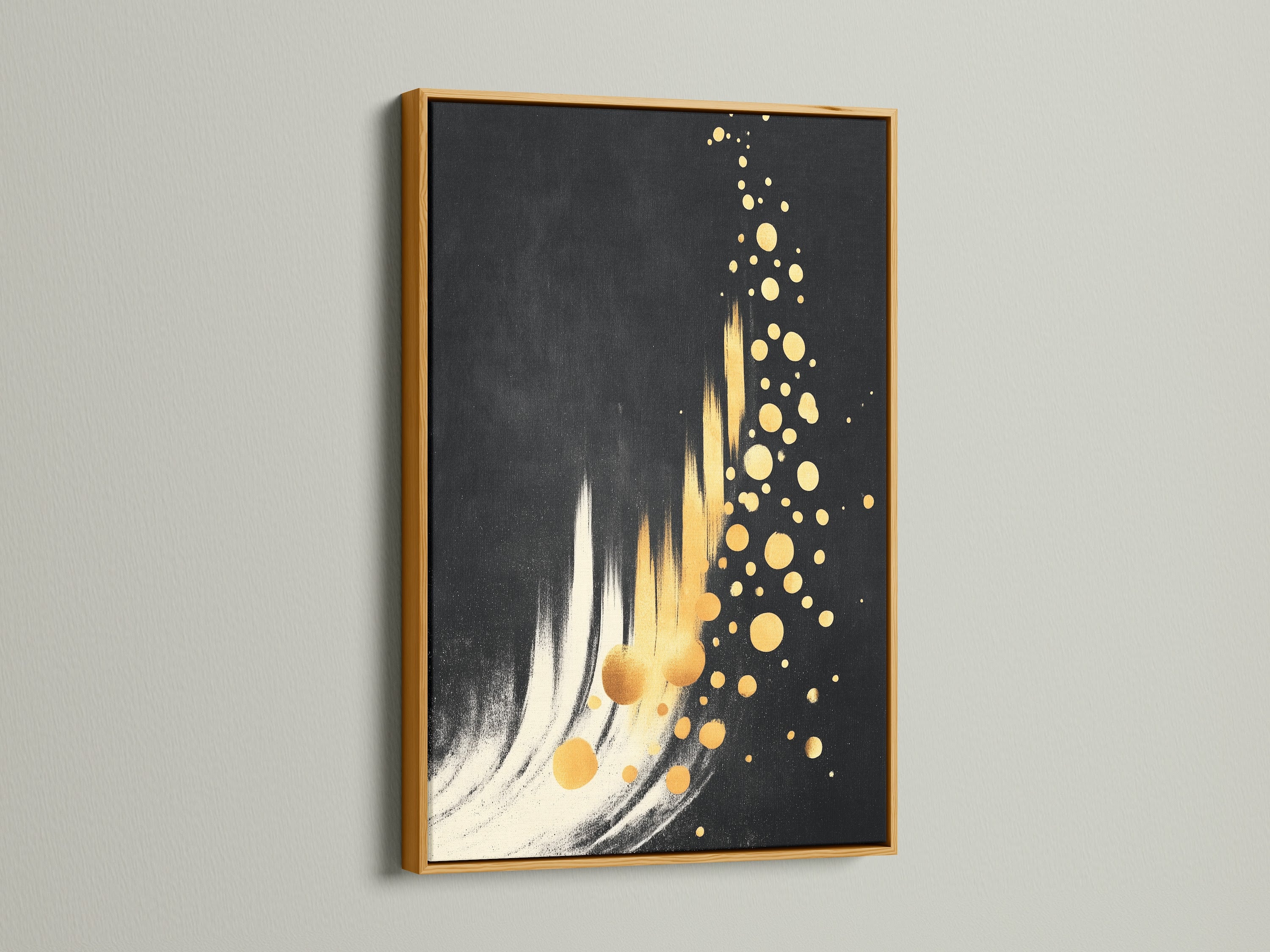 This gold frame accentuates the black and gold artwork. The sparkle wall art is perfect for modern interiors. The gold foil art makes a statement. It's ideal for those seeking elevated contemporary wall decor. It adds a luxurious touch.