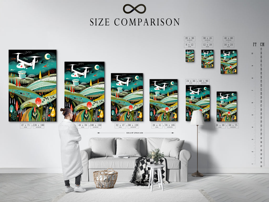Size comparison chart for the Rescue Helicopter artwork displayed in an interior setting. Visualize the perfect fit for your space. This aviation print enhances your home or office decor with retro and mid-century modern flair.