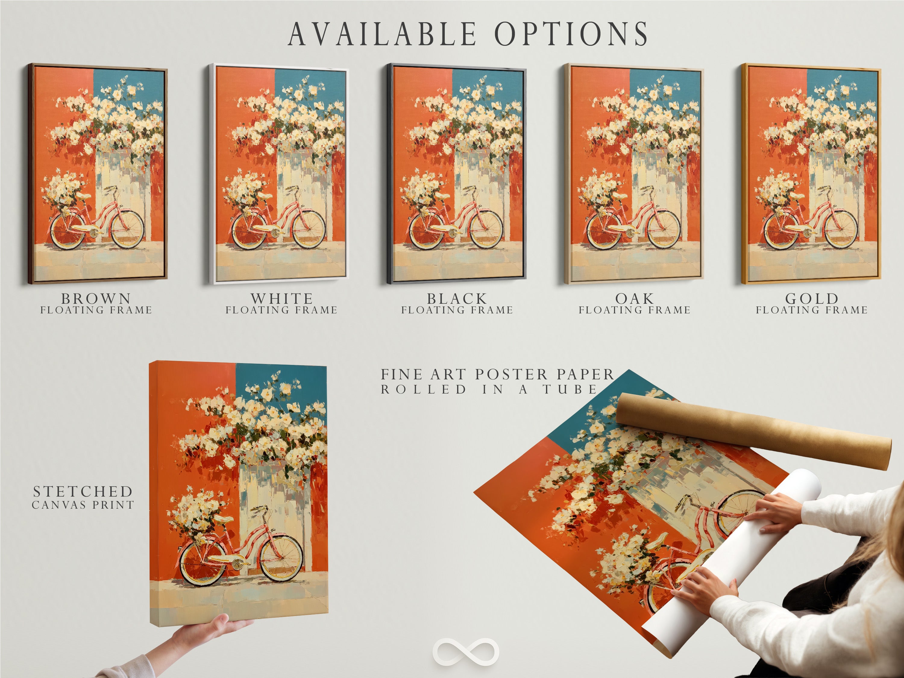 Available options for vintage bicycle artwork. Choose from a stretched canvas print fine art poster paper or a floating frame. The artwork features floral accents in coral and teal. Perfect for customizing your kitchen or living room decor. Find the perfect style to match your taste.