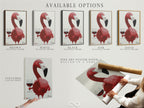 Available options for the pink flamingo wine art print. Choose from a stretched canvas print fine art poster paper or a floating frame. Customize your modern animal artwork to match your style and decor. Shop now for the perfect piece.