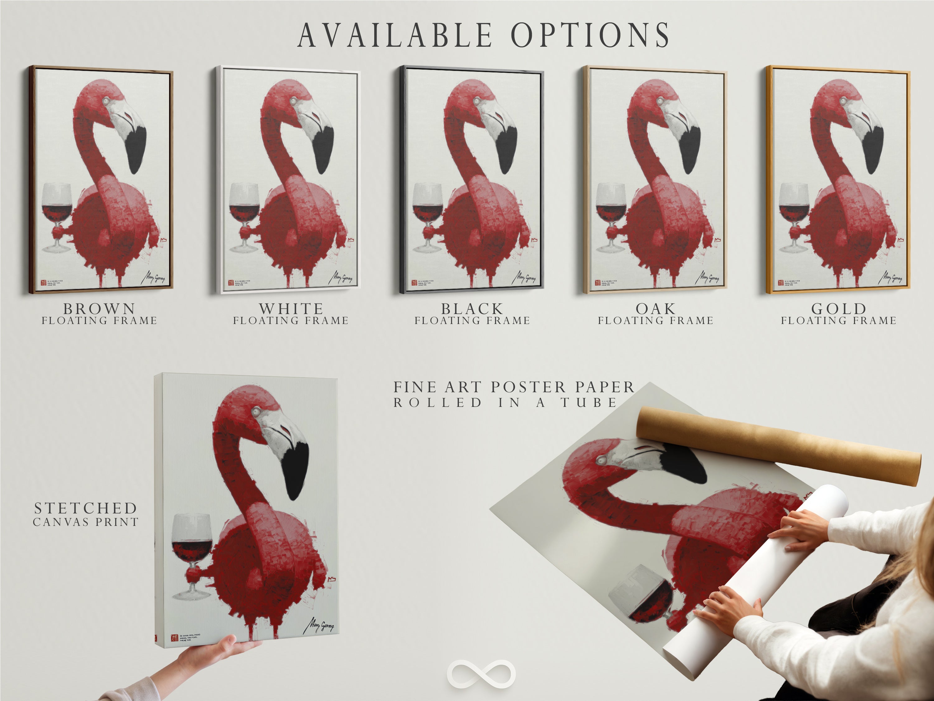 Available options for the pink flamingo wine art print. Choose from a stretched canvas print fine art poster paper or a floating frame. Customize your modern animal artwork to match your style and decor. Shop now for the perfect piece.