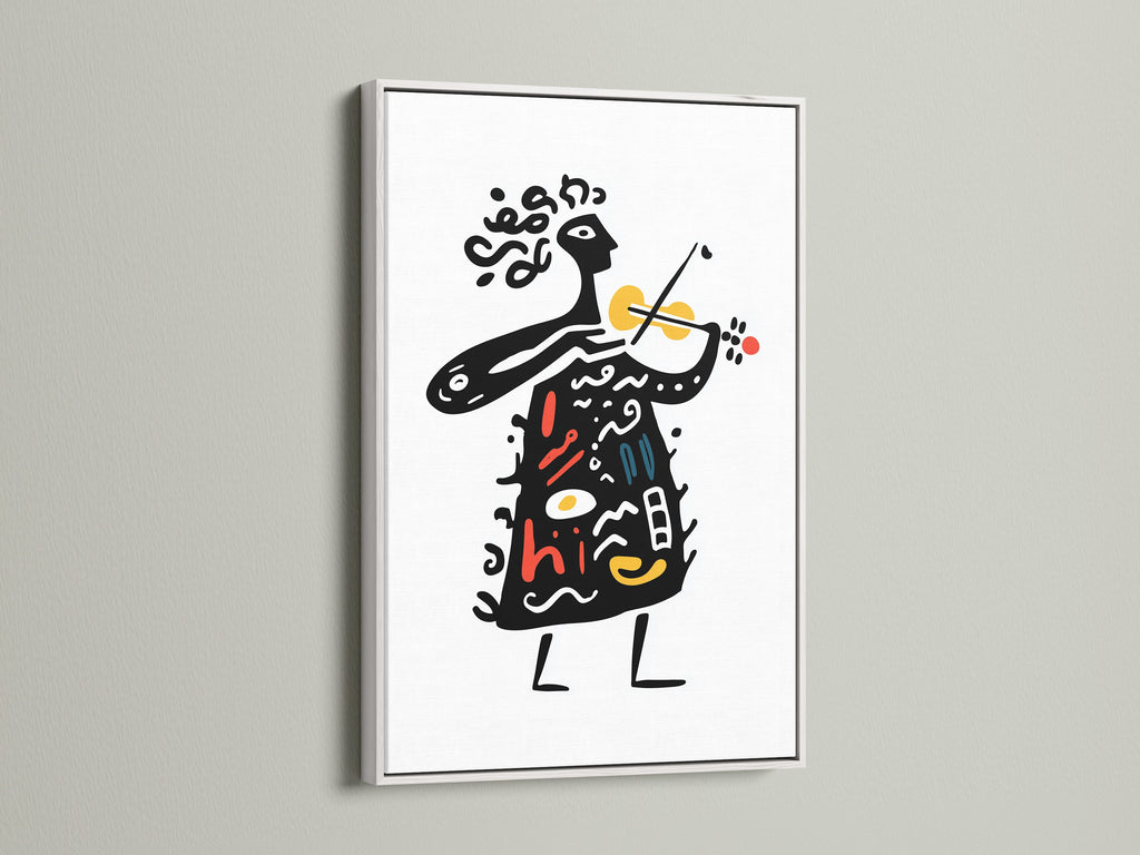 Artwork with a white frame hanging on a white wall. The frame enhances the art's vibrant colors. The art piece features an abstract person playing the violin. The white frame offers a clean and modern look for any room.