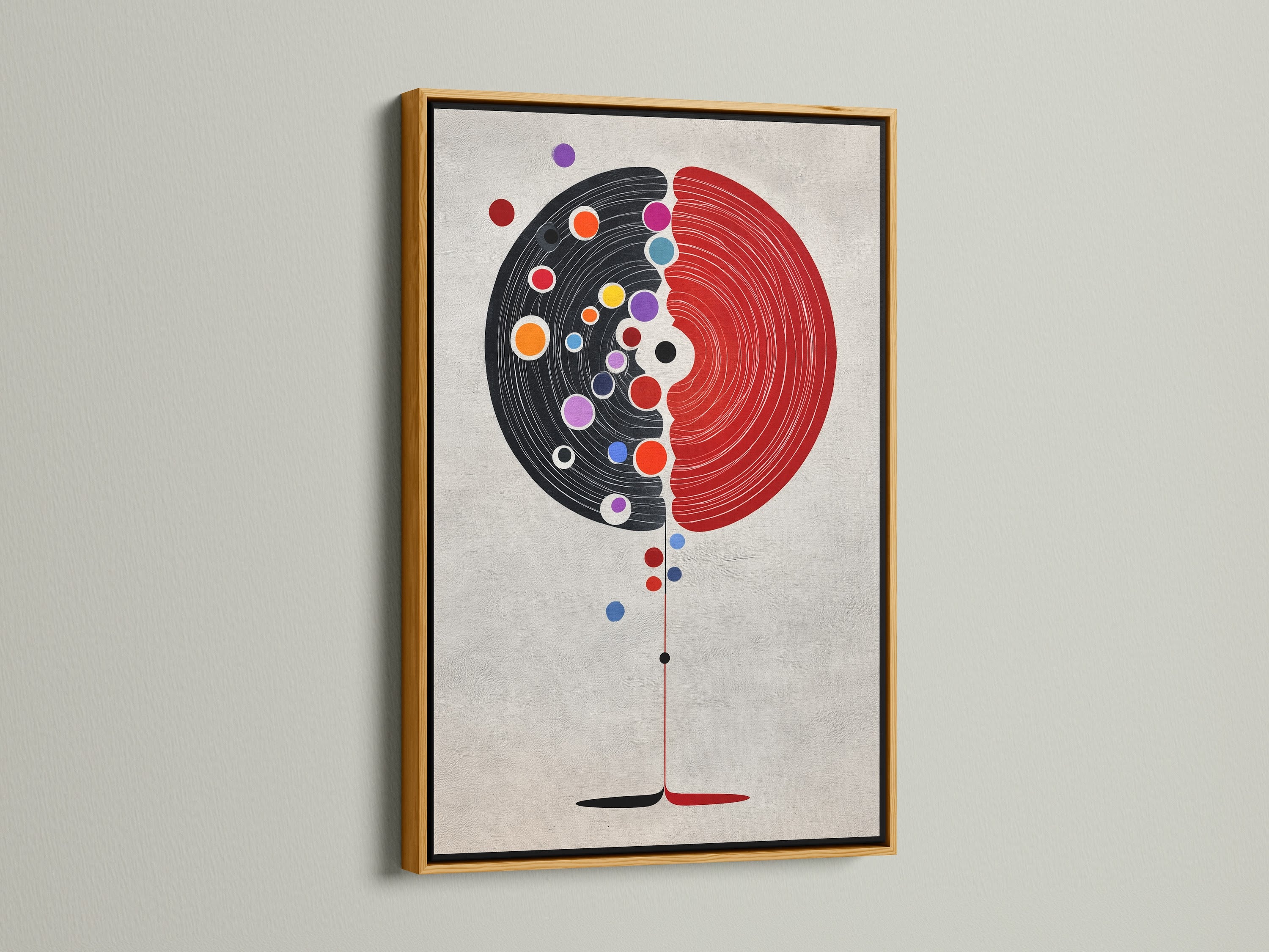 Abstract Tree Artwork with a gold frame. The modern geometric artwork is a canvas print. This artwork adds a touch of elegance to any space. It is a red and black minimalist print perfect for any room in your home or office.