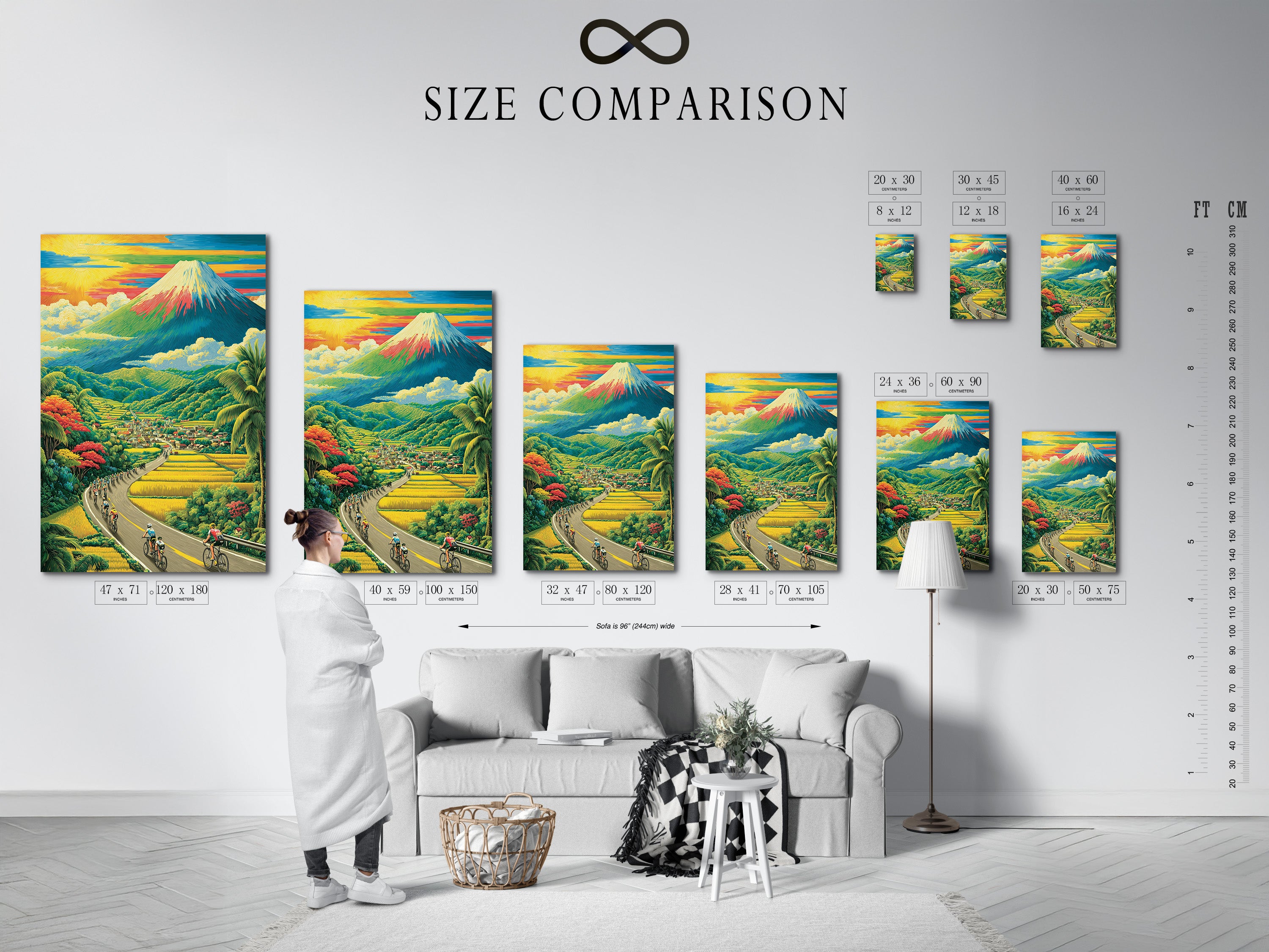 A size comparison chart is shown in an interior setting. This chart helps you visualize the artwork's dimensions in a room. Choose the perfect size to complement your space. Find the ideal artwork for your home.